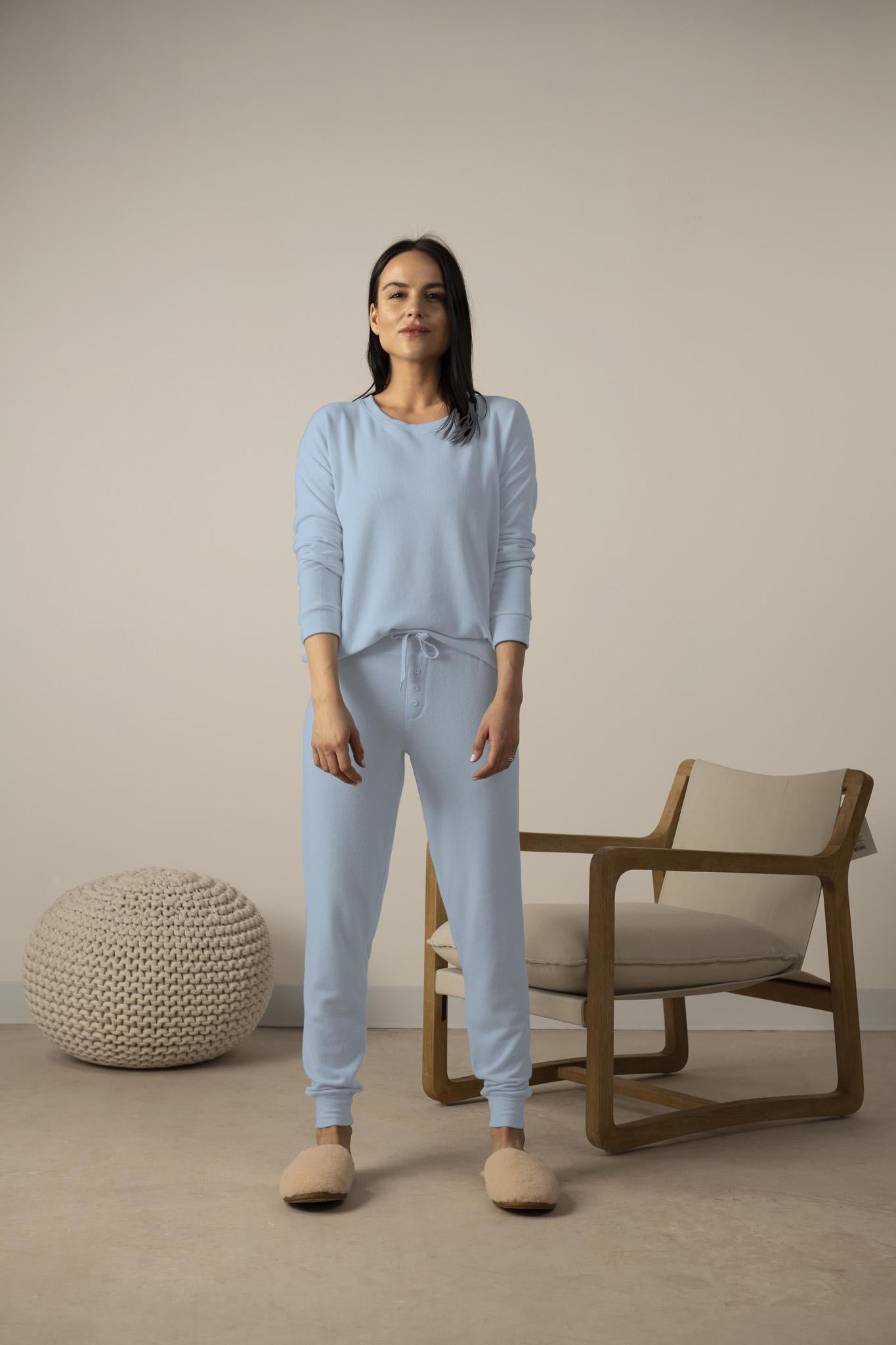 Model wearing Cozy Banded Joggers in Morning Blue with relaxed fit and drawstring waist.