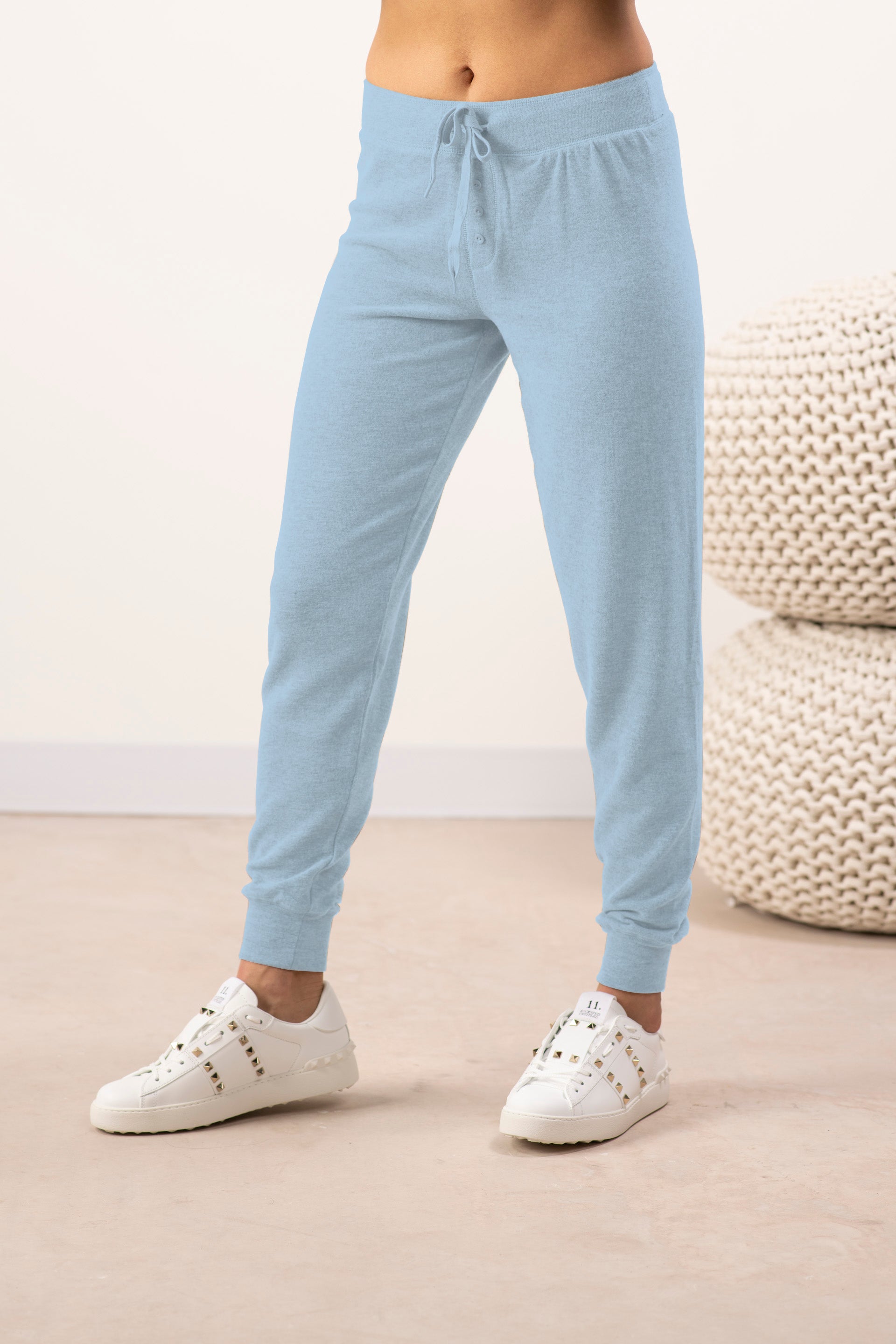 Model wearing Cozy Banded Joggers in Morning Blue with relaxed fit and drawstring waist.