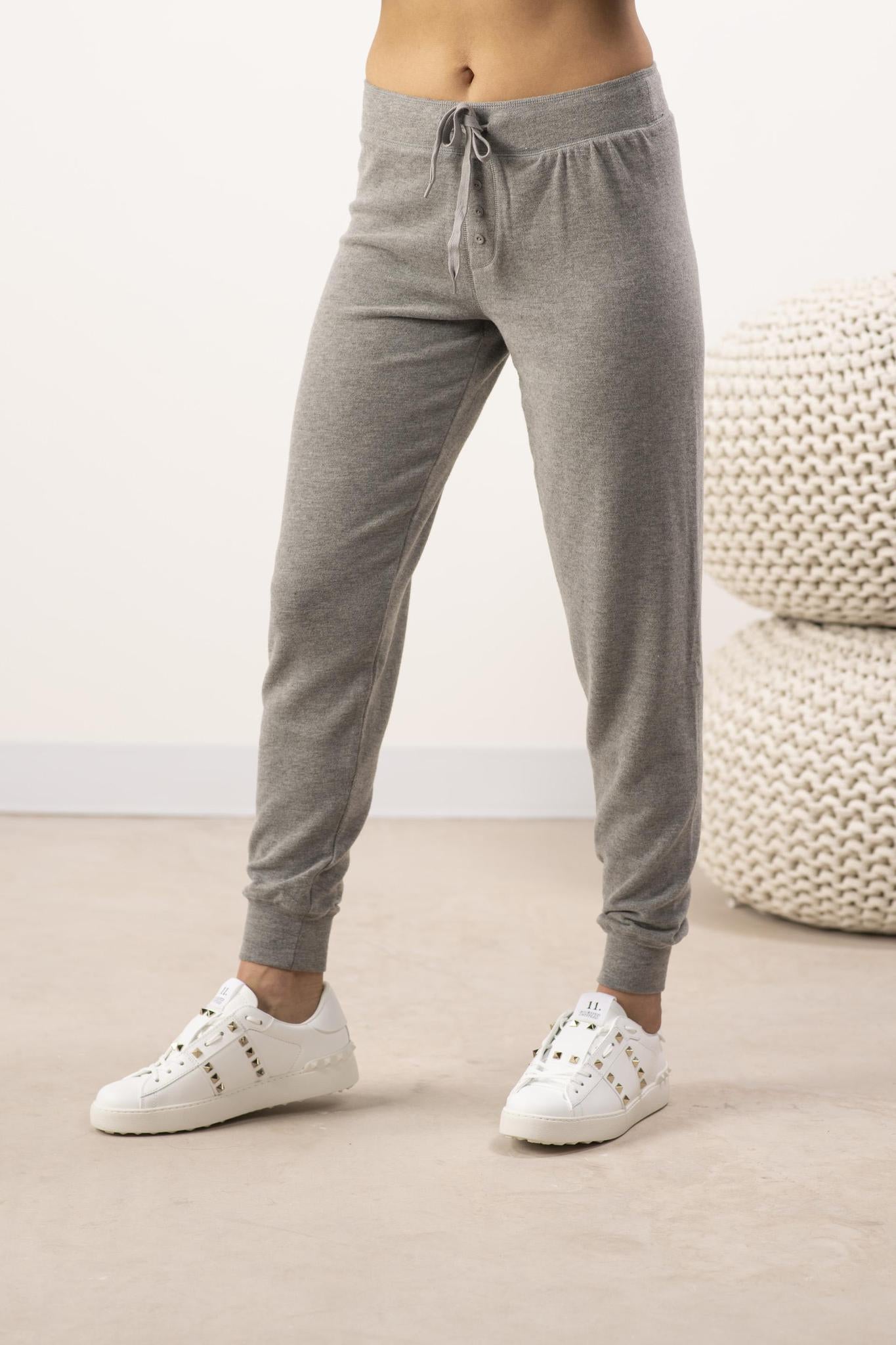 Close-up of soft elastic waistband on the heather gray joggers from the Cozy Long Pajama Set.