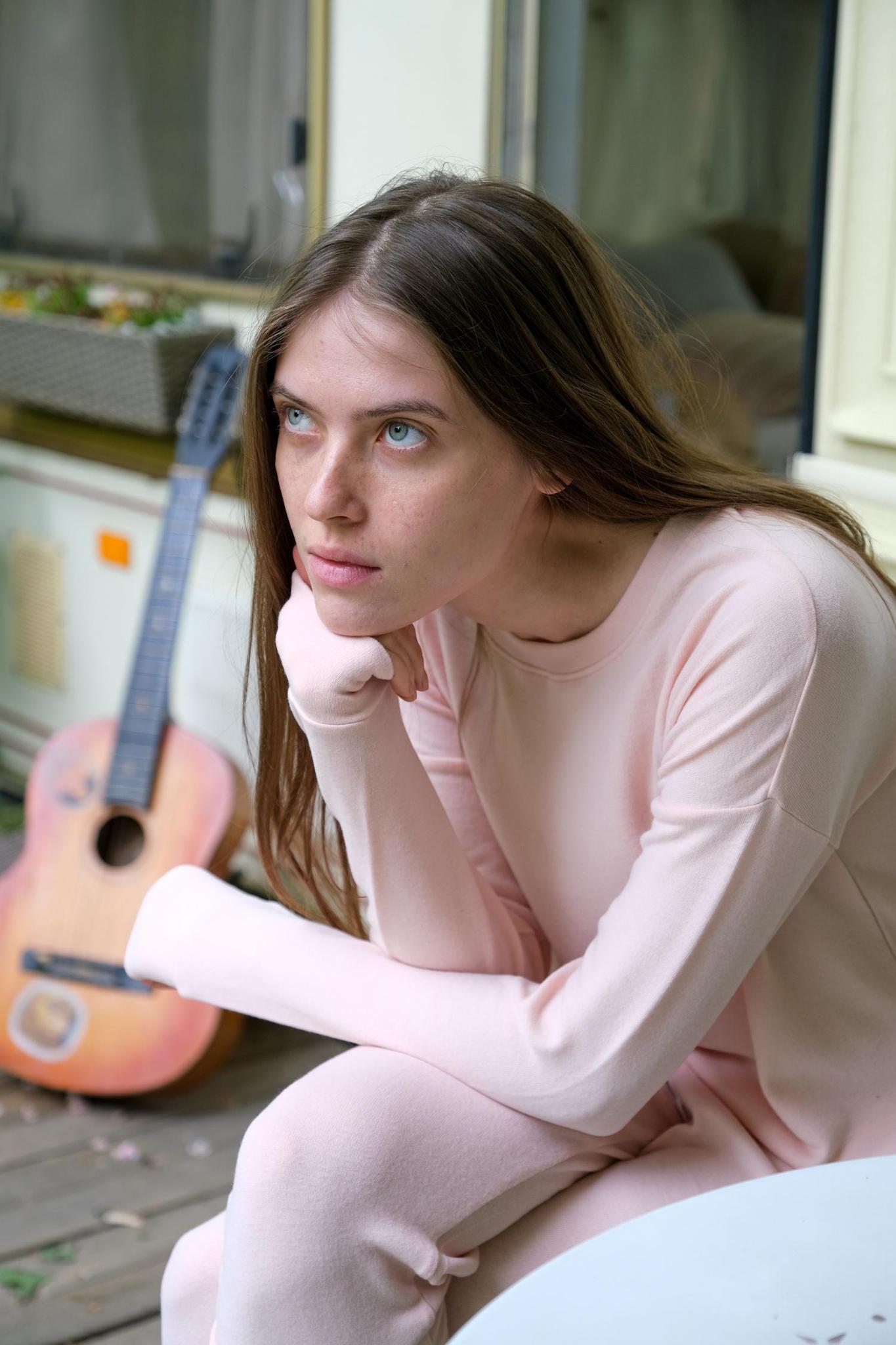 Model wearing Cozy Long Pajama Top in peach
