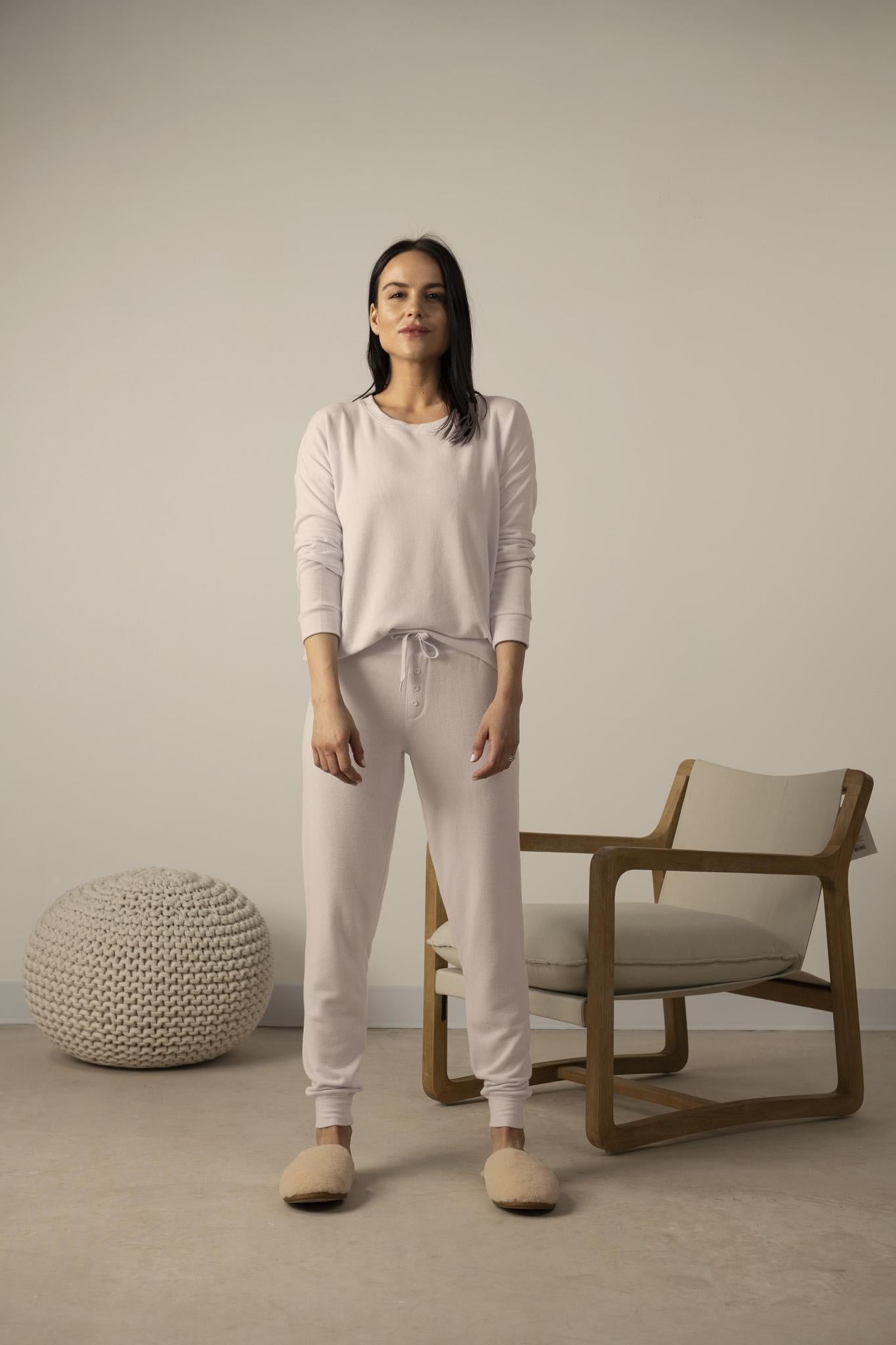 Model wearing Cozy Long Pajama Set in rosewater with joggers and long-sleeve crew neck top