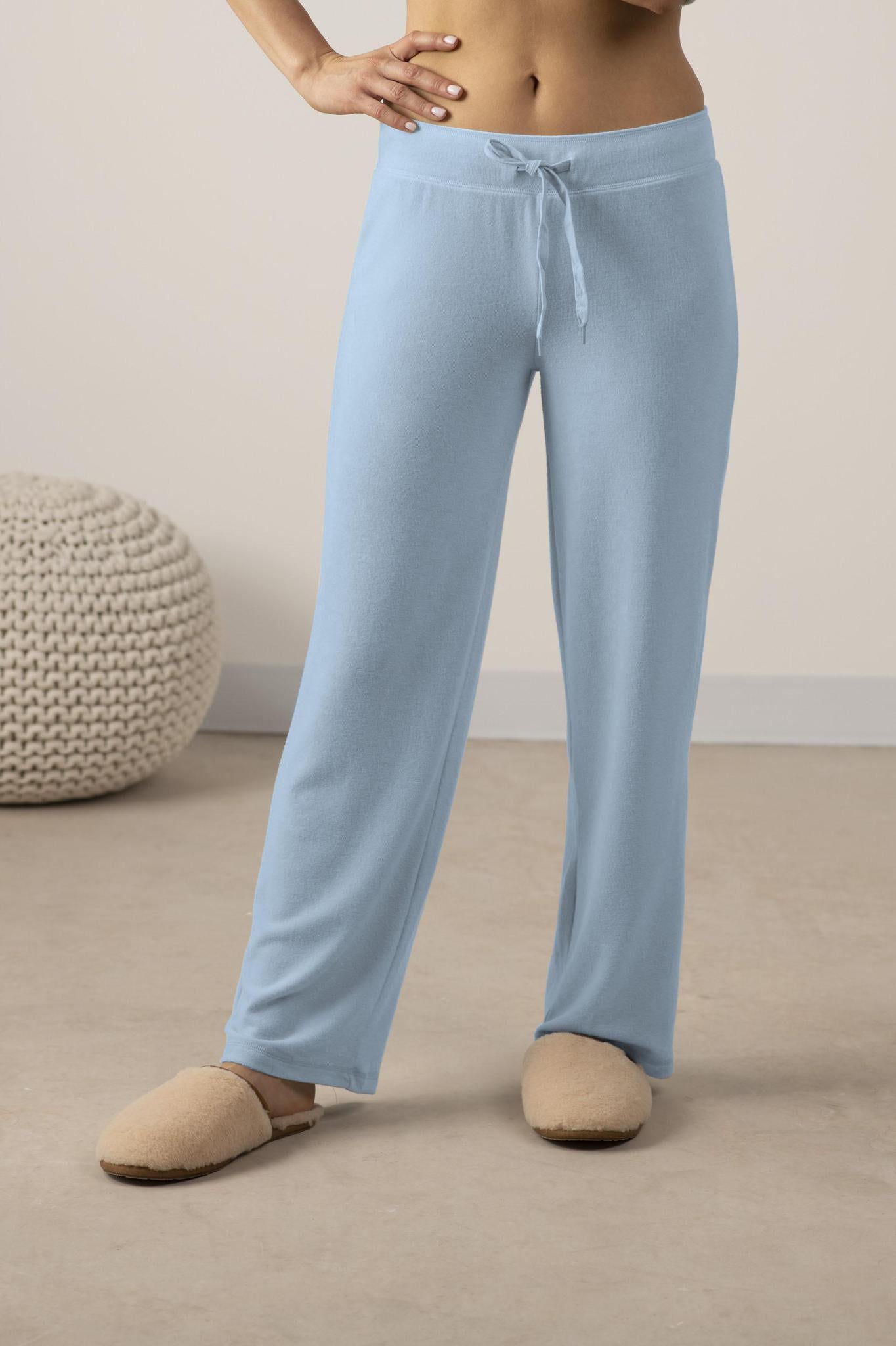 Model wearing Cozy Wide-Leg Pants in Morning Blue with relaxed fit and wide-leg silhouette.