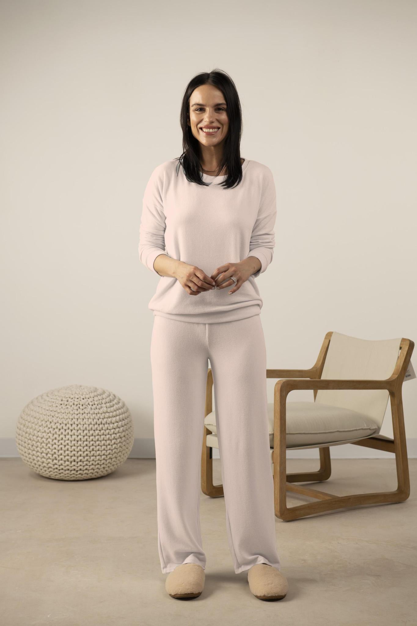 Model wearing Cozy Wide-Leg Pants in Rosewater with relaxed fit and wide-leg silhouette.