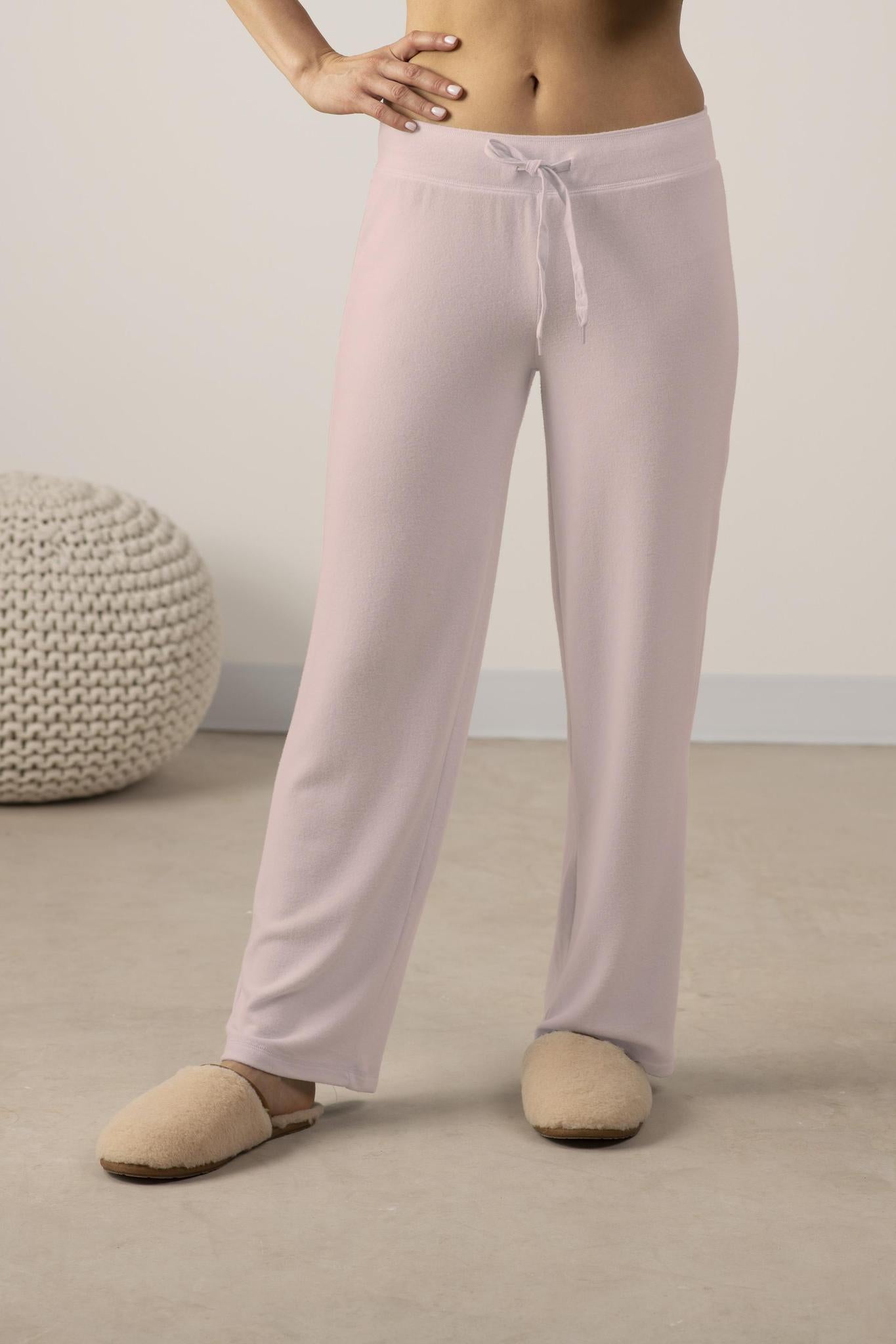 Model wearing Cozy Wide-Leg Pants in Rosewater with relaxed fit and wide-leg silhouette.