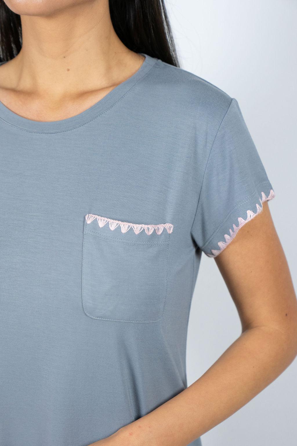 Close-up of rose powder whipstitching on Night Owl bamboo sleep dress