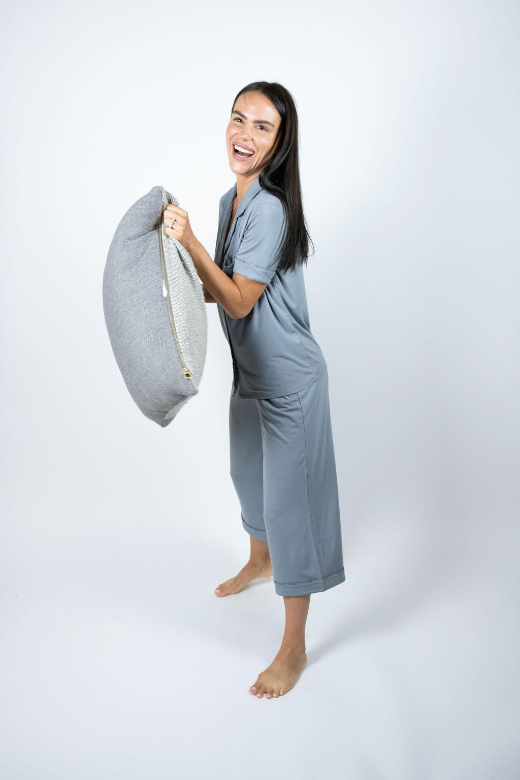 Model wearing Jolene Cropped Pajama Set in Night Owl with short-sleeve button-down top and mid-rise cropped pants.