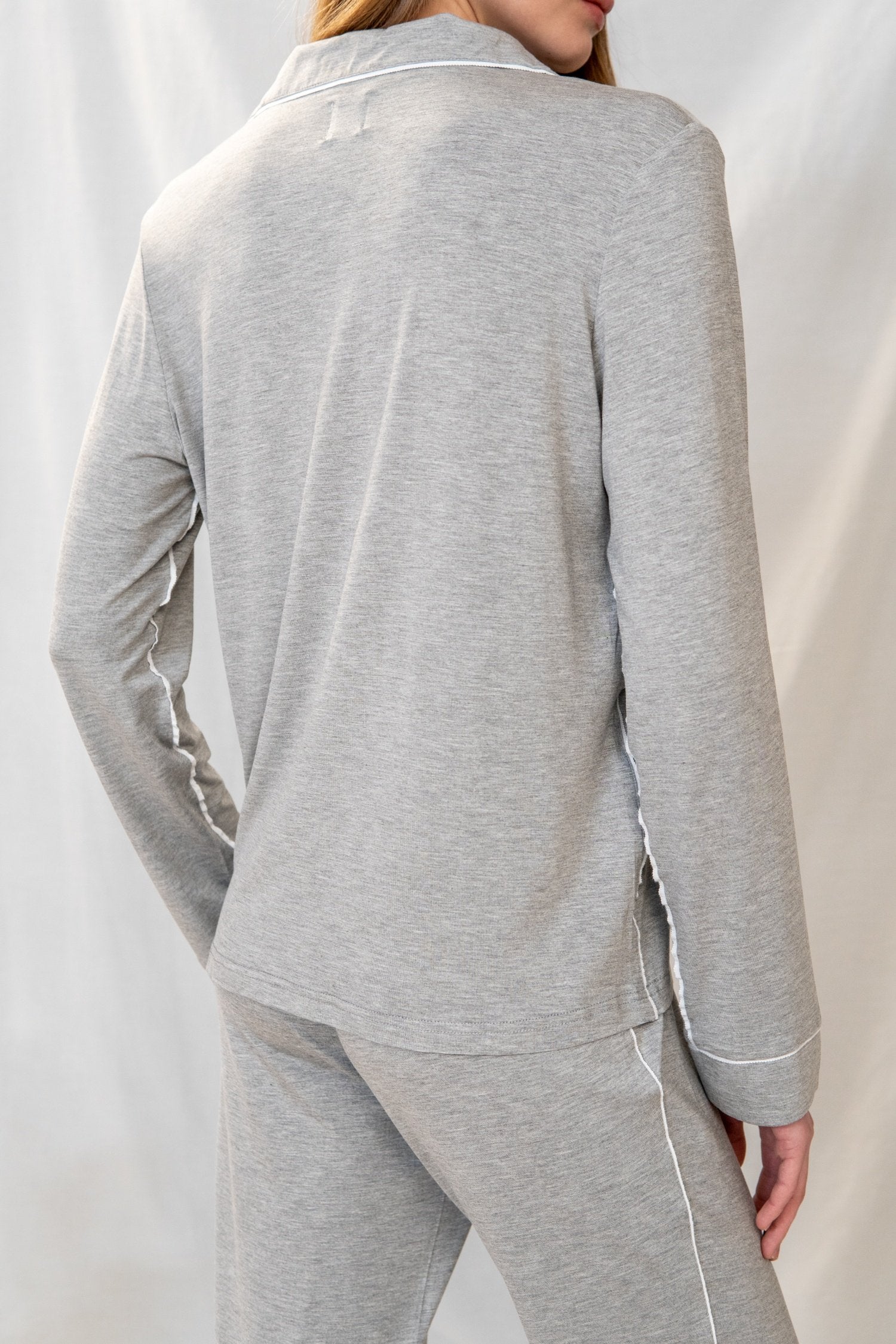 Back view of the Jolene Long Pajama Top in heather gray showing relaxed fit and flattering slim cut