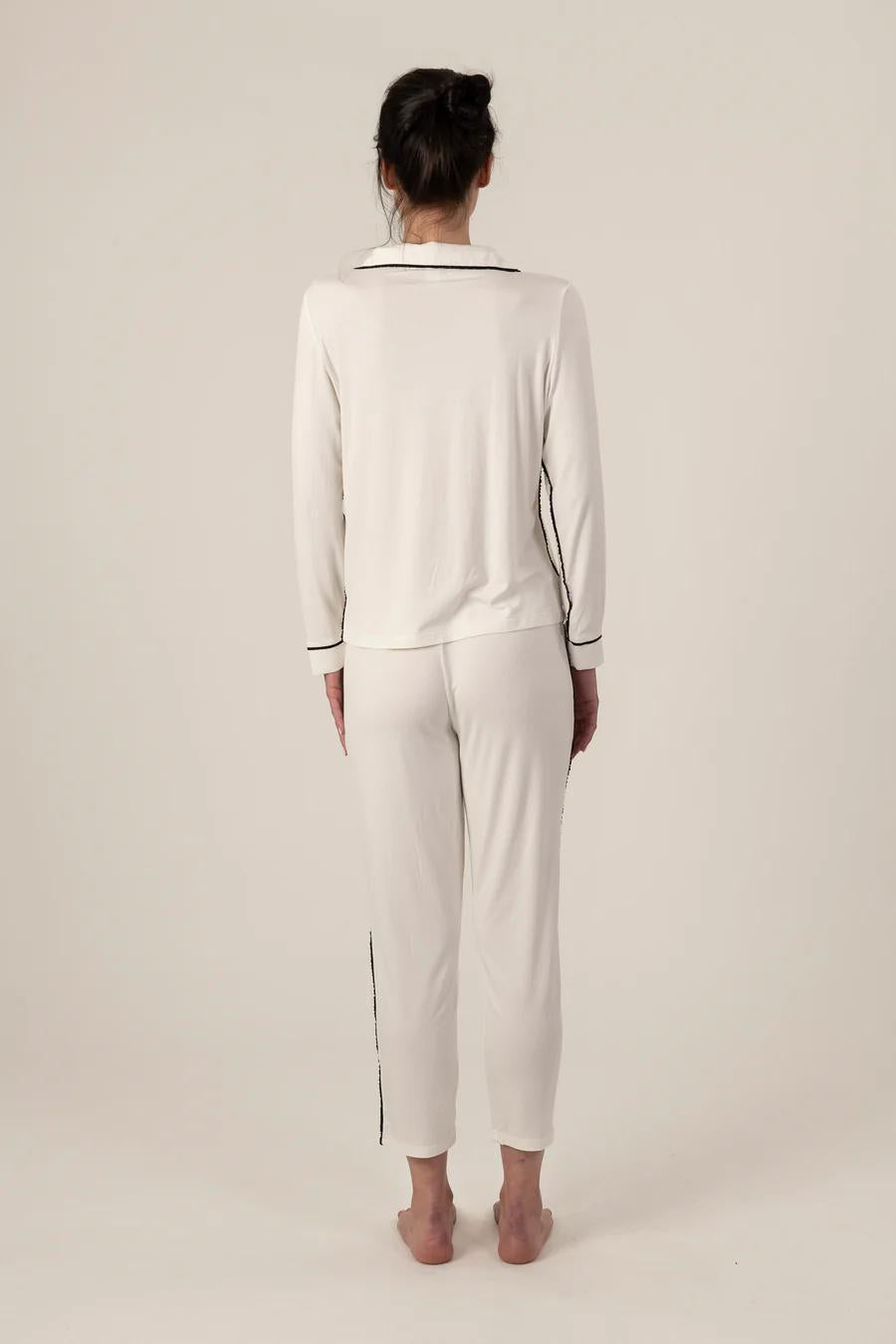 Back view of the Jolene Long Pajama Set in ivory showing the slim silhouette and relaxed drape