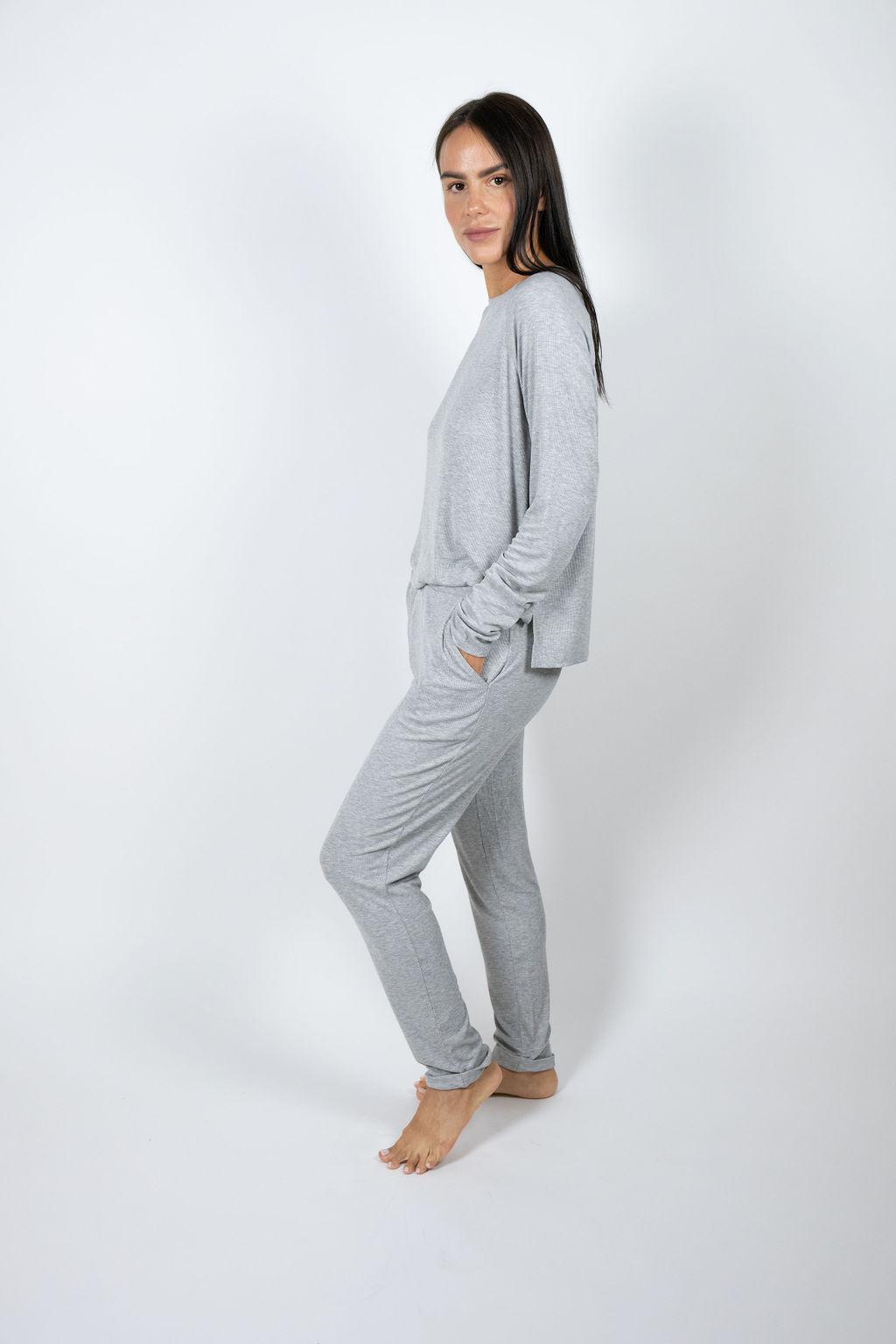 Model wearing Ribbed Joggers in Silver with relaxed fit and drawstring waistband.