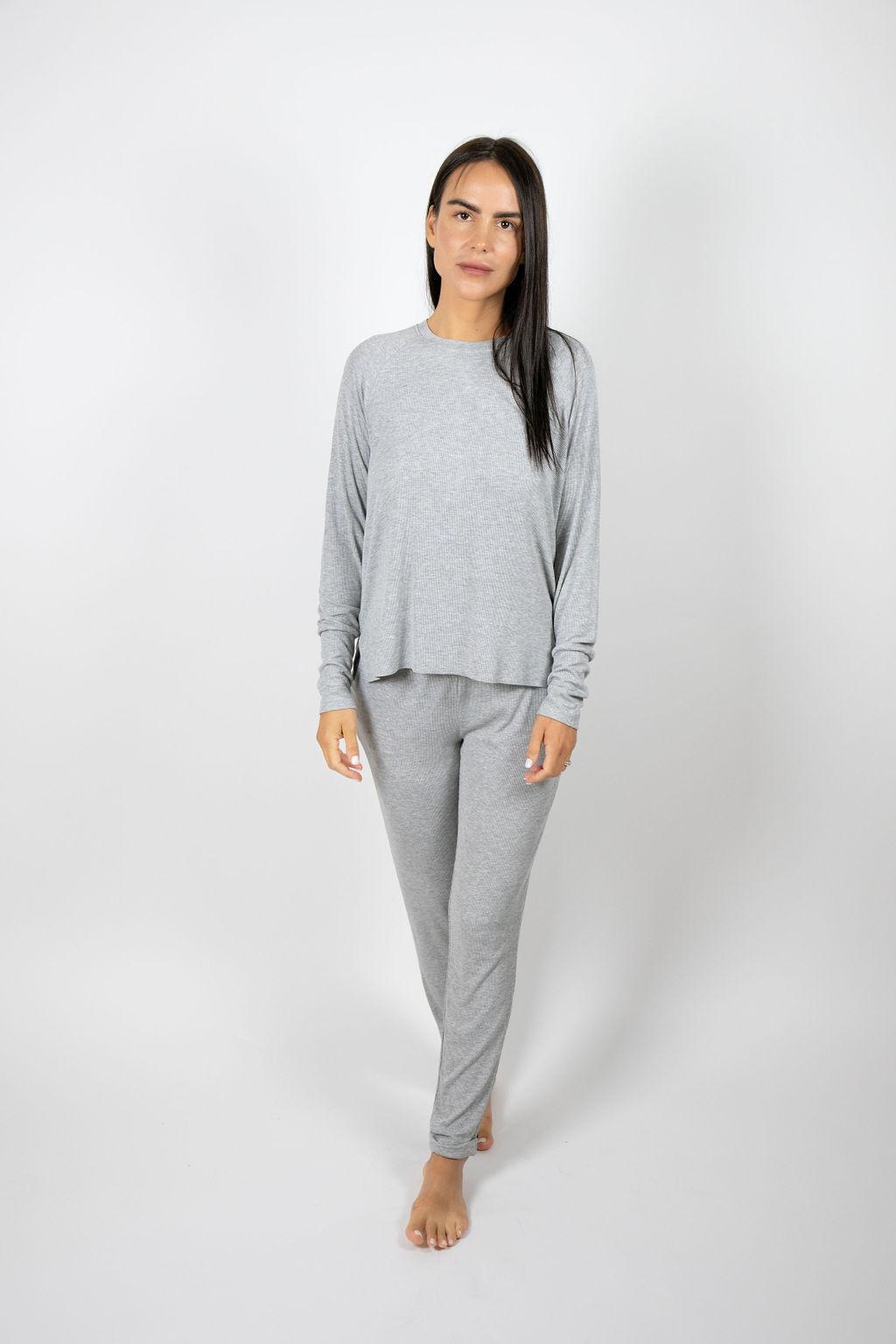 Model wearing Ribbed Joggers in Silver with relaxed fit and drawstring waistband.