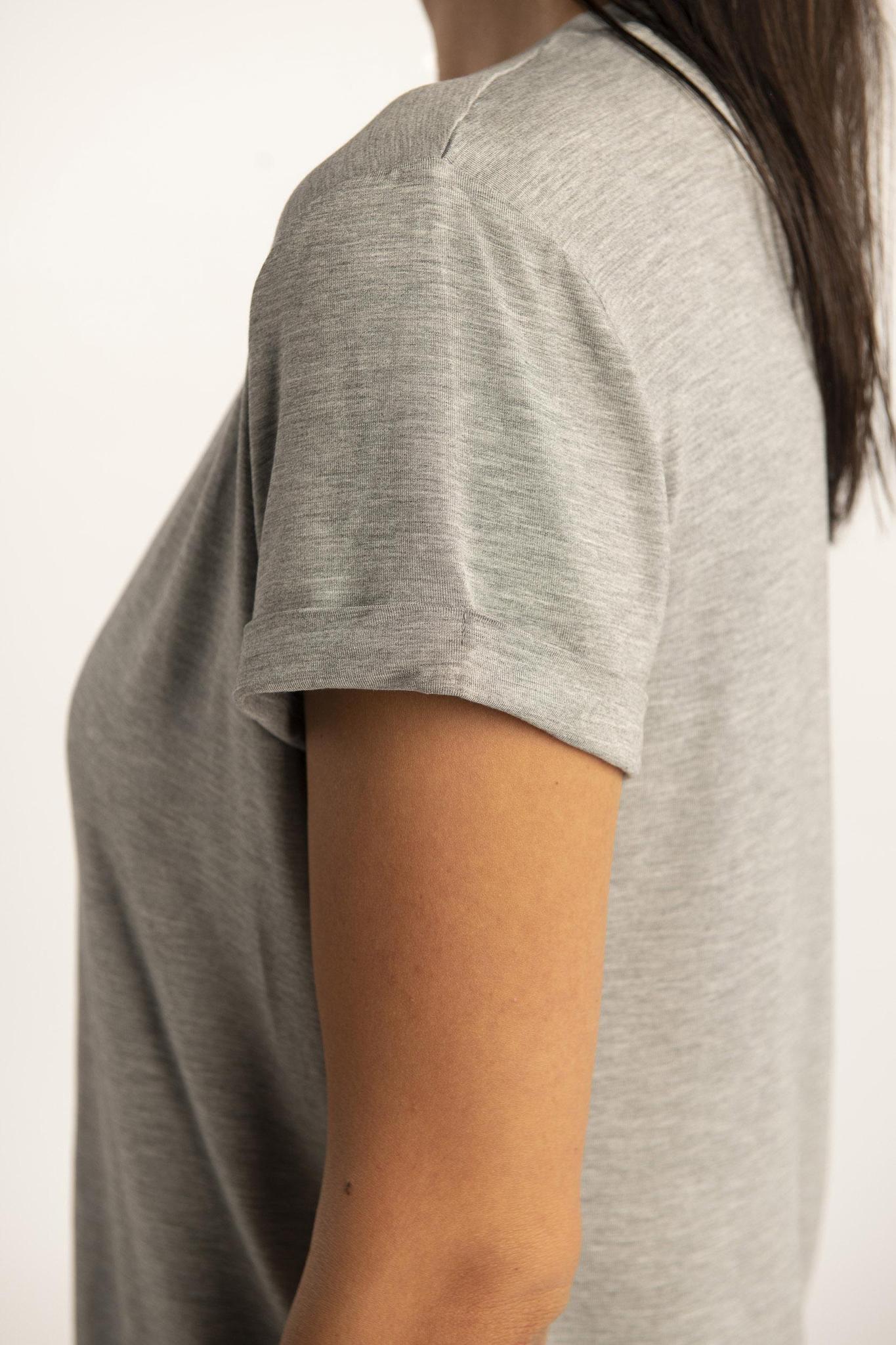 Side view of the Taylor Rolled Sleeve T-Shirt in Gray, showcasing the smooth bamboo fabric and casual cut.