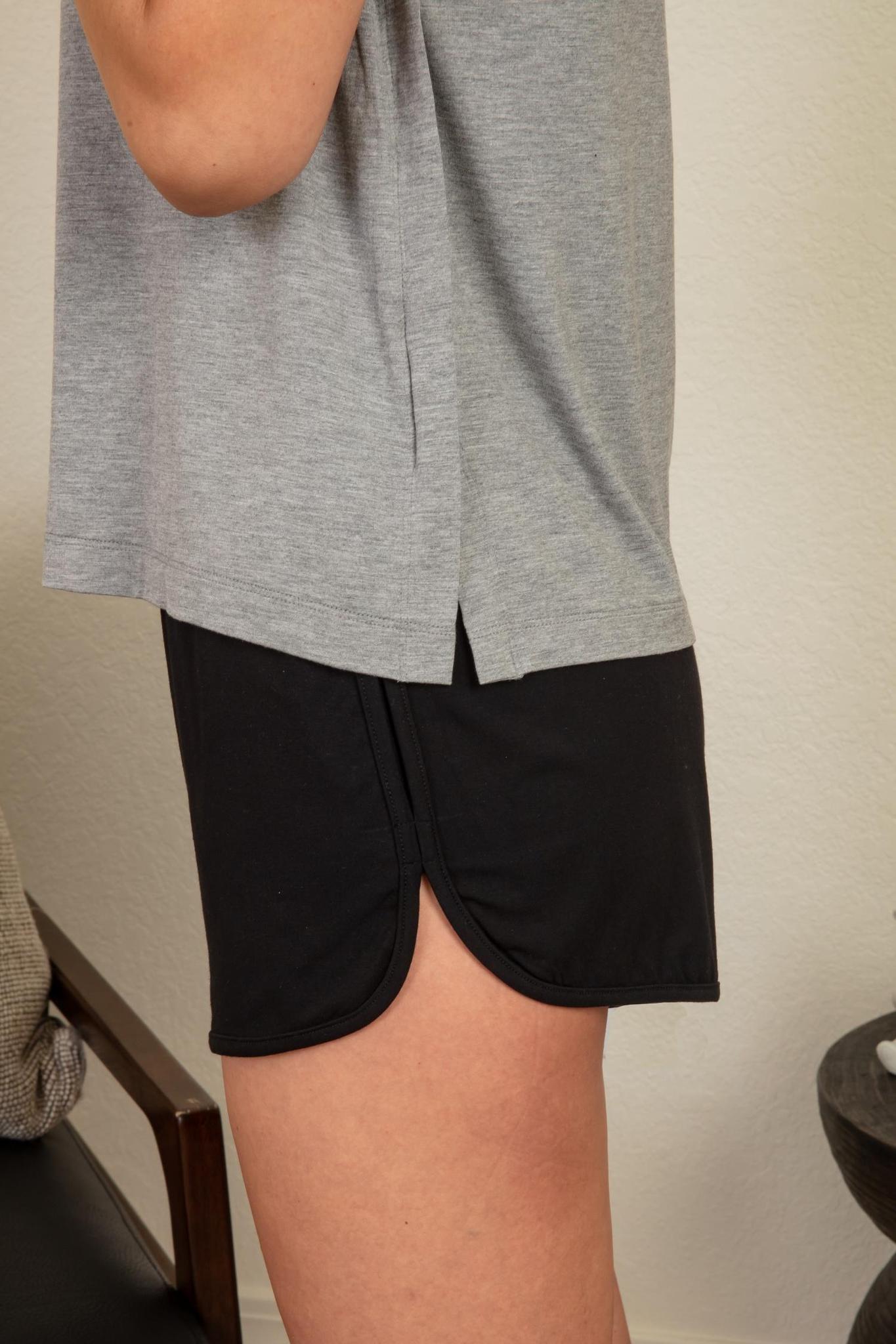 Side view of gray Agnes Side Seam T-shirt showing breathable bamboo fabric and side seam detailing