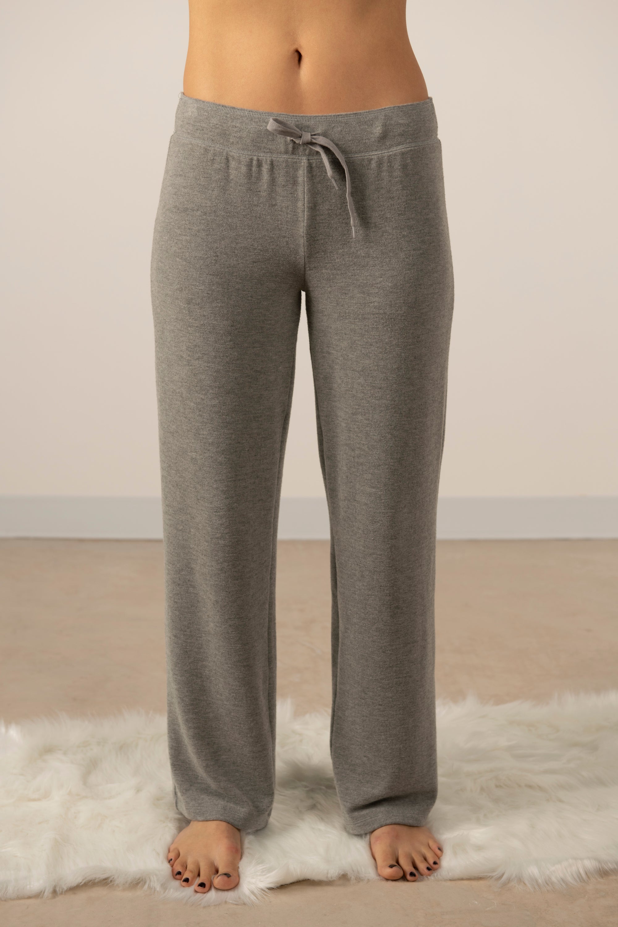 Model wearing Cozy Wide-Leg Pants in Heather Gray with relaxed fit and wide-leg silhouette.