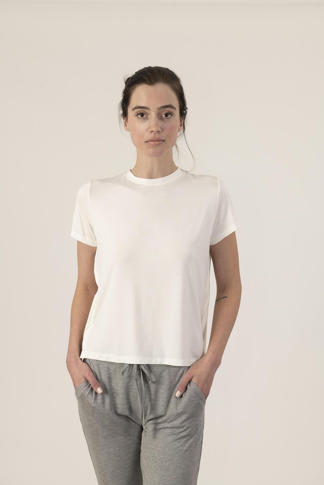 A model wearing heather gray lounge joggers with a white t-shirt, the joggers have a drawstring waist and pockets.