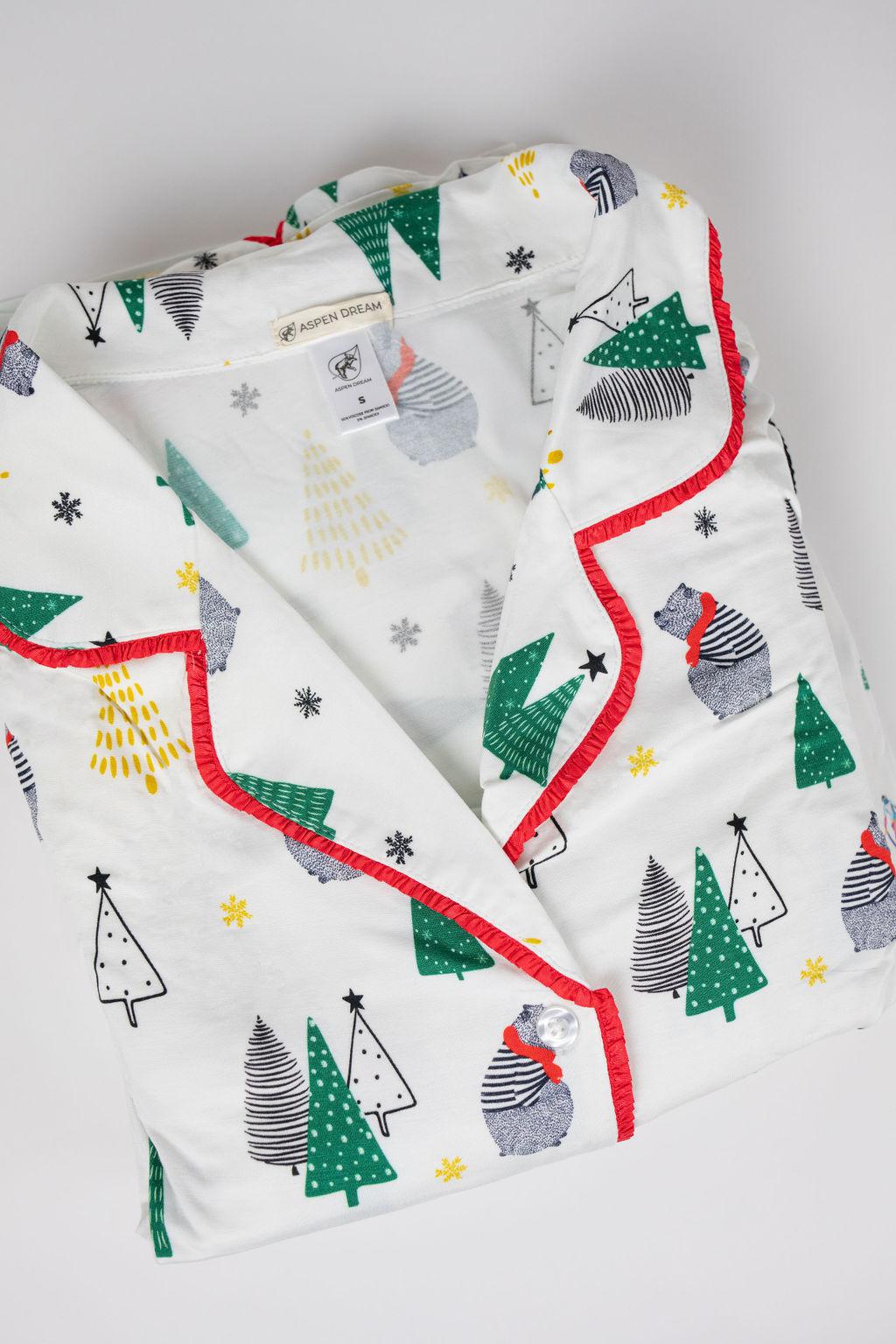 Flat lay of Aspen Dream Essential Bears Pajama Set with piped button-down top and flared ankle-length pants