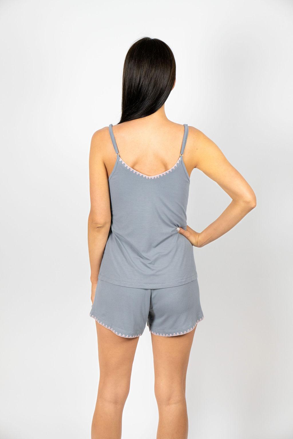 Back view of the Cami Short Set in Night Owl showing relaxed fit and longer-cut shorts.