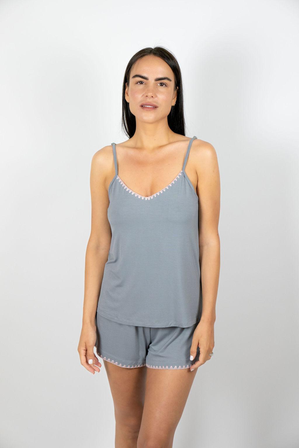 Model wearing Cute Stitching Cami Short Set in Night Owl with rosepowder whipstitch trim and adjustable cami straps.