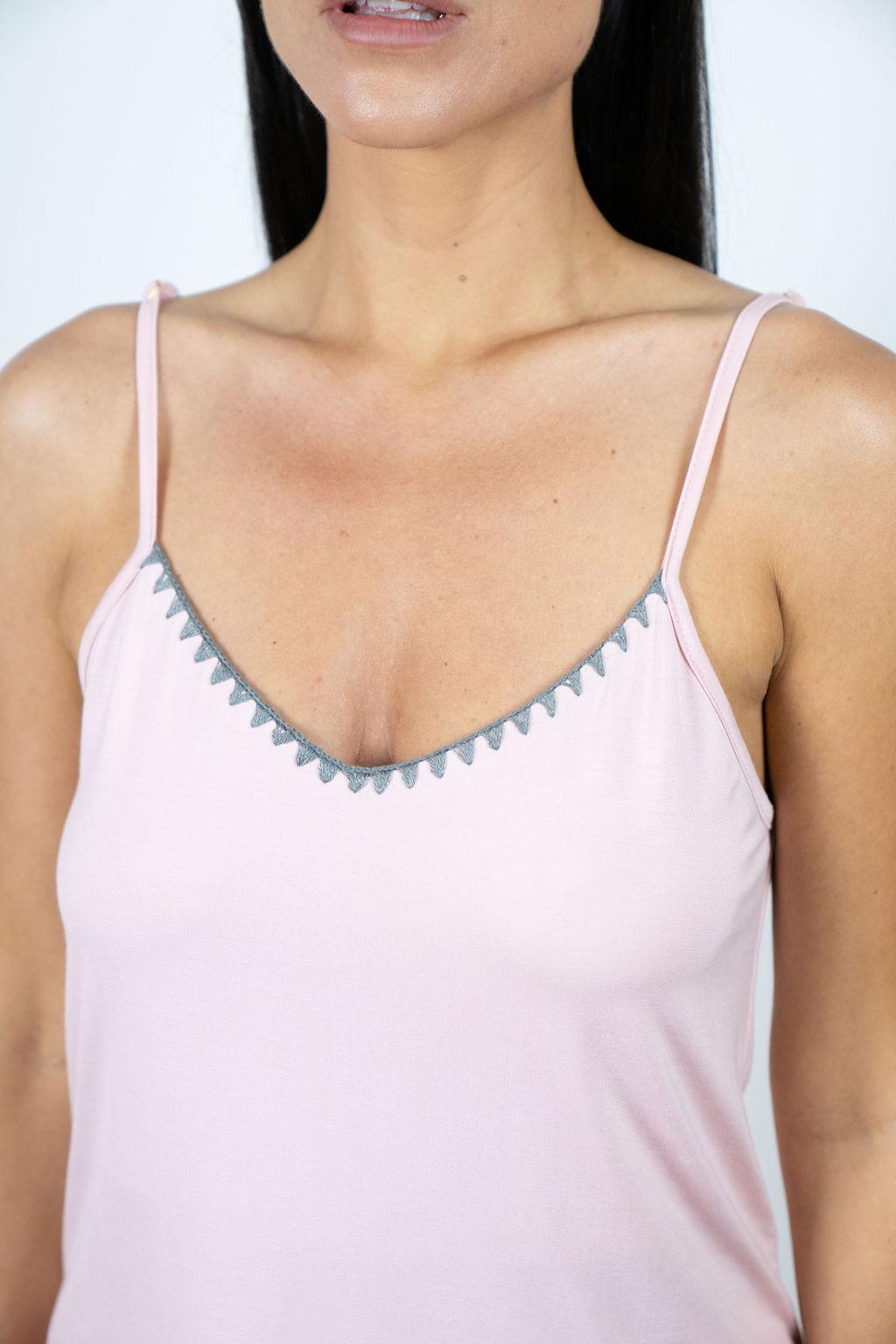 Close-up of contrast Night Owl whipstitch detail on the neckline of the Powder Rose cami set