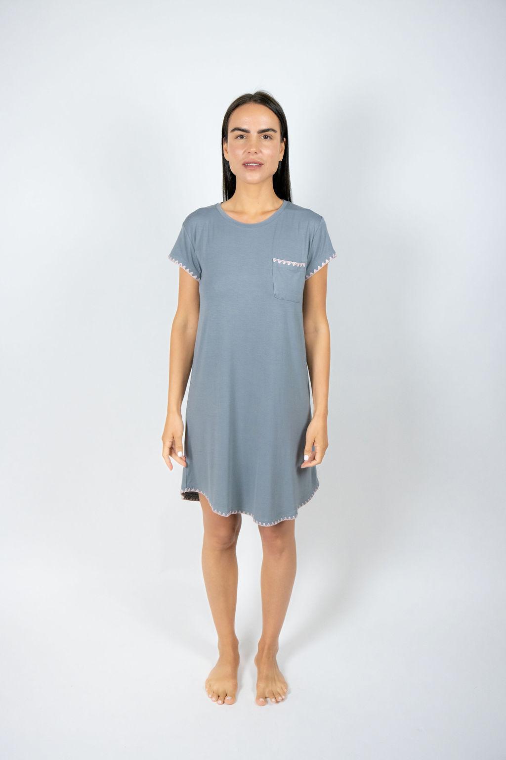 Model wearing the Cute Stitching Sleep Dress in Night Owl with rose powder stitching