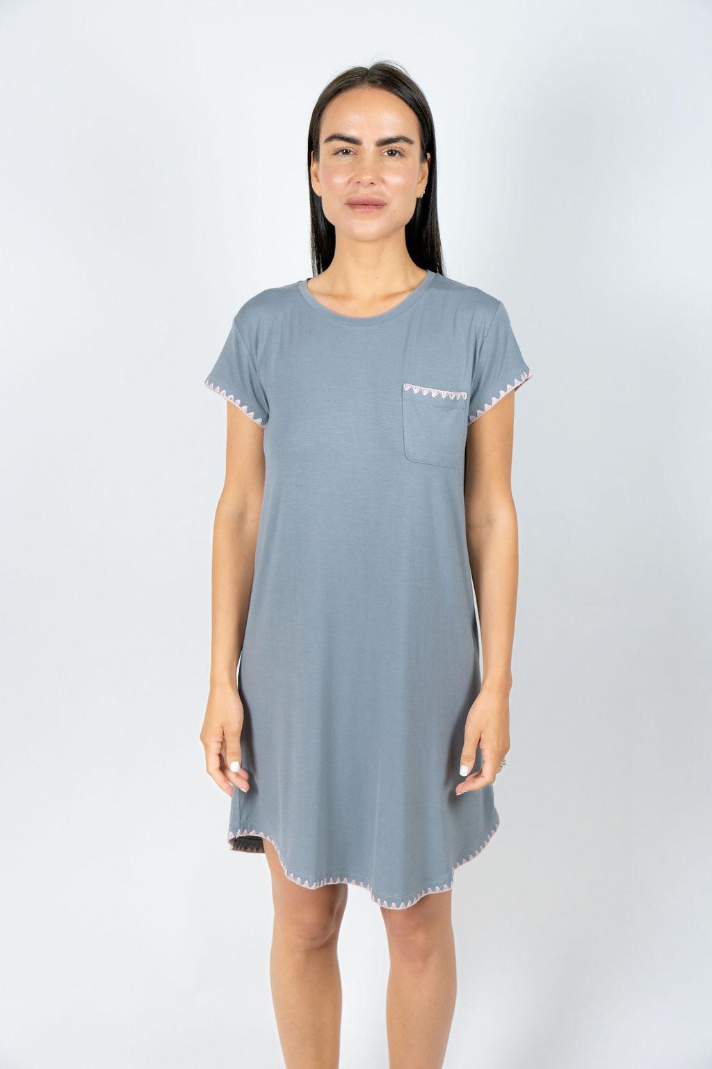 Model wearing the Cute Stitching Sleep Dress in Night Owl with rose powder stitching