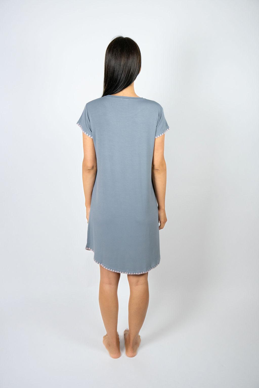 Back view of the Cute Stitching Sleep Dress in Night Owl showing soft bamboo drape