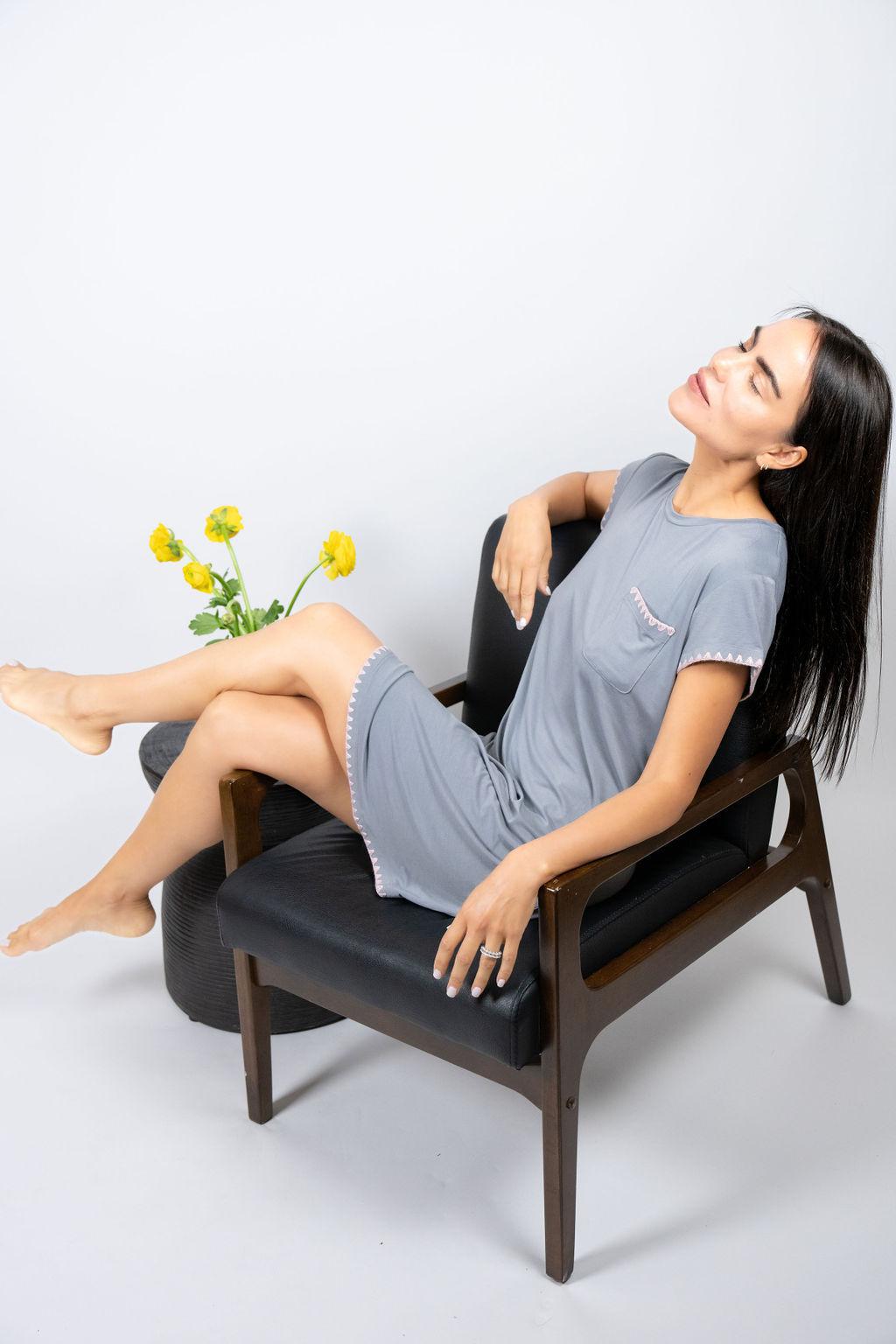 Model wearing the Cute Stitching Sleep Dress in Night Owl with rose powder stitching