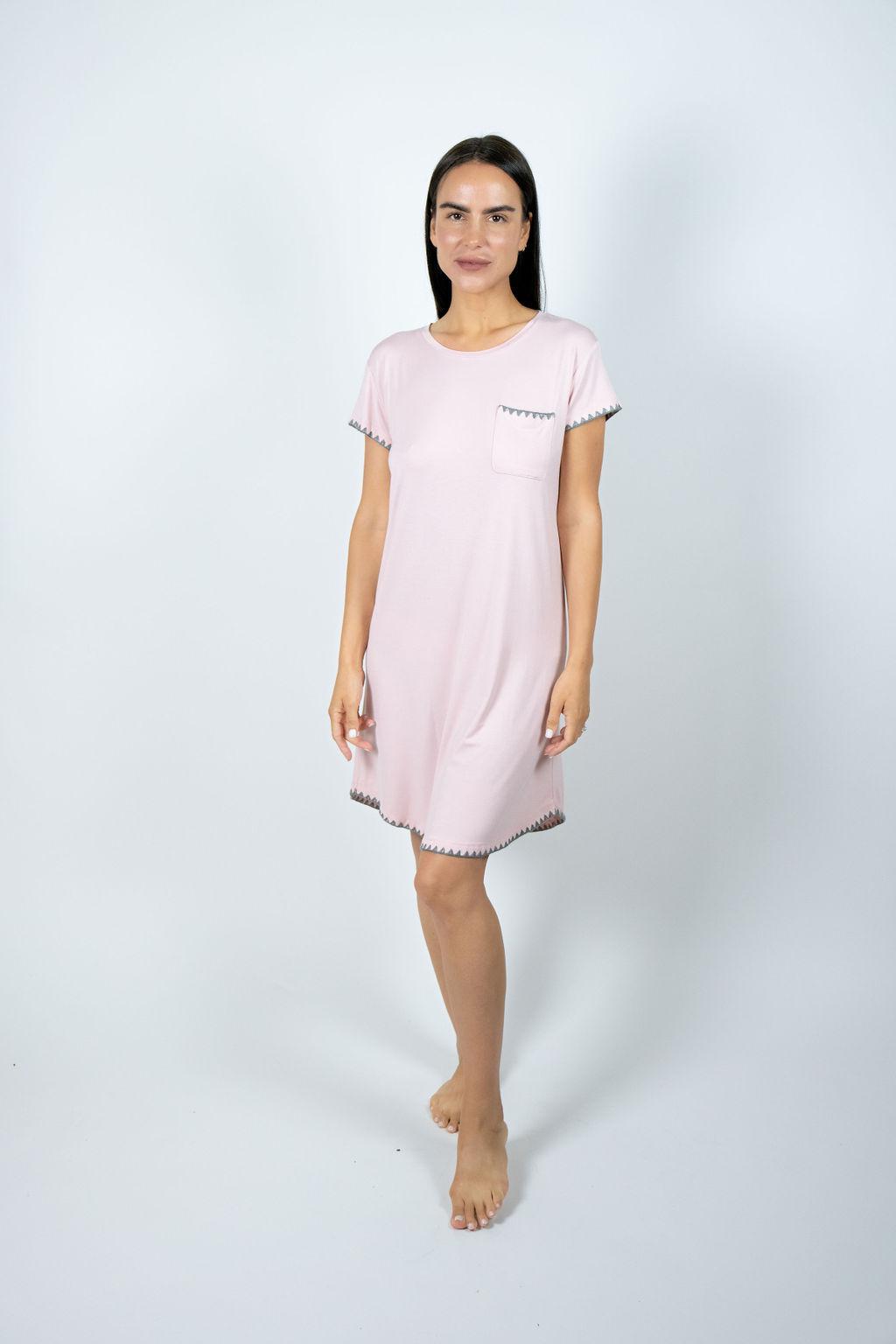 Model wearing Cute Stitching Sleep Dress in Powder Rose with chest pocket, round neckline, and knee-length cut