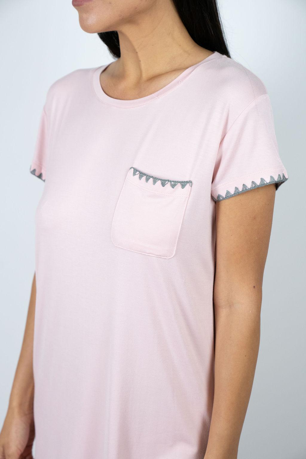 Close-up of contrast Night Owl stitching detail on the neckline and pocket of the sleep dress