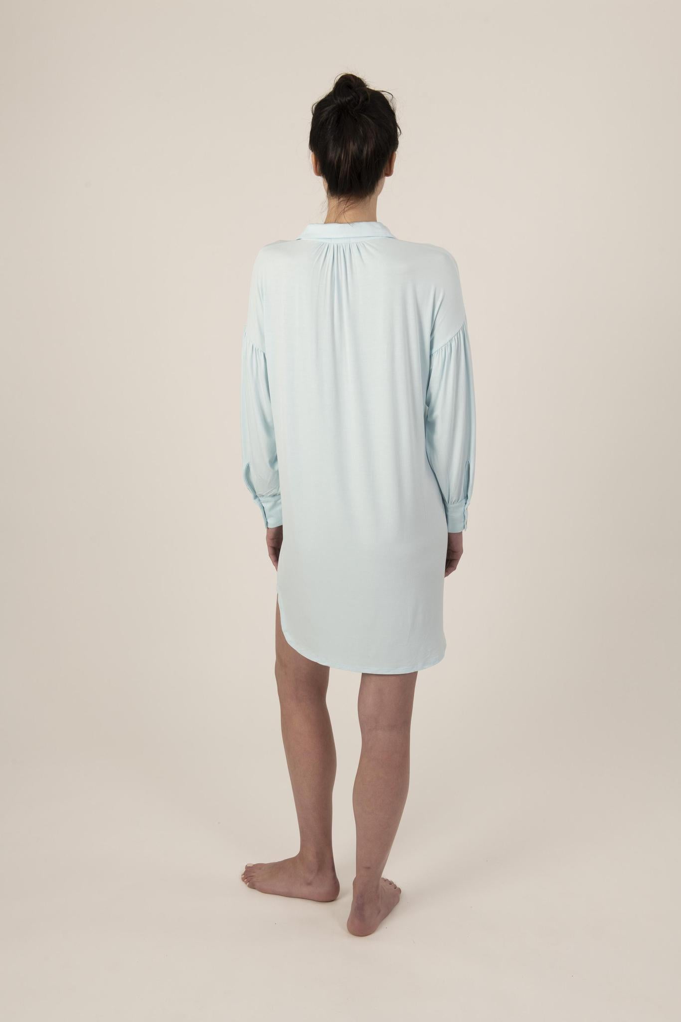 Back view of the Ice Blue Dahlia Nightshirt showing soft bamboo drape