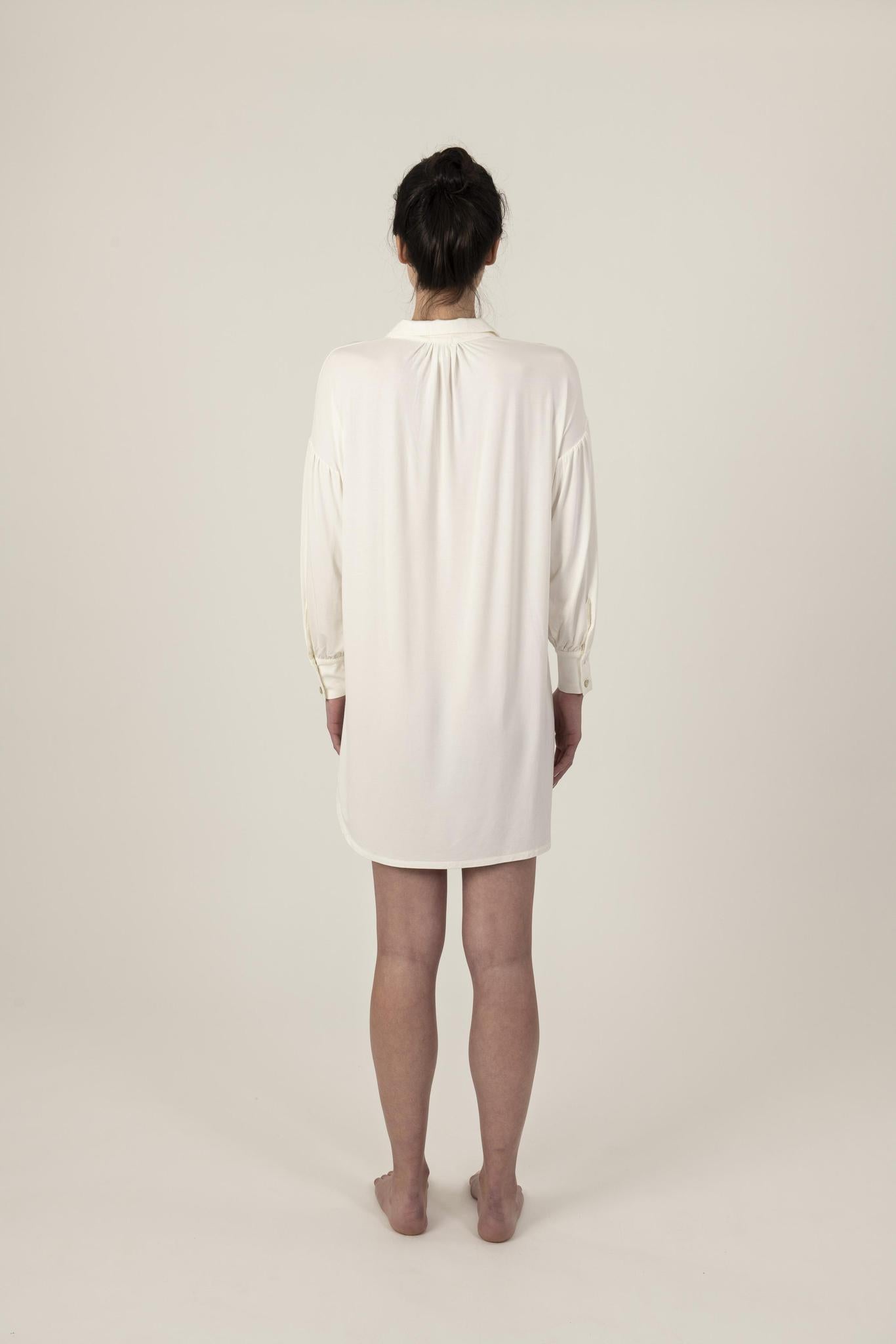 Back view of the Dahlia Nightshirt in ivory showing relaxed fit and graceful drape