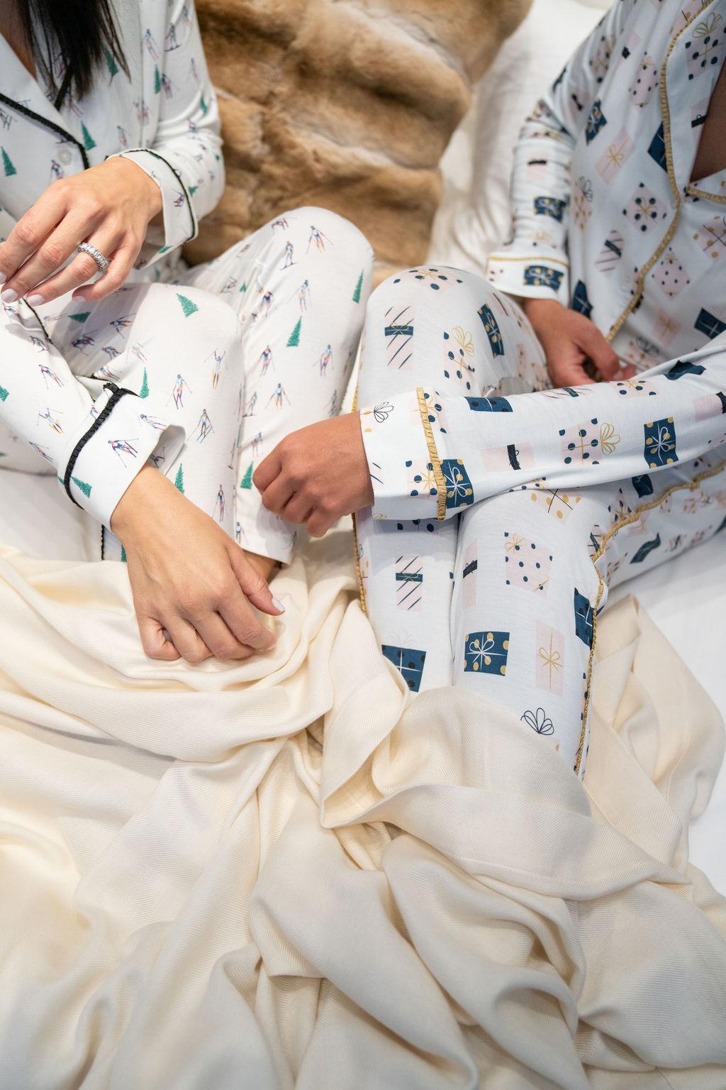 Close-up of hand-drawn gift box print on the Essential Pajama set, created in Aspen