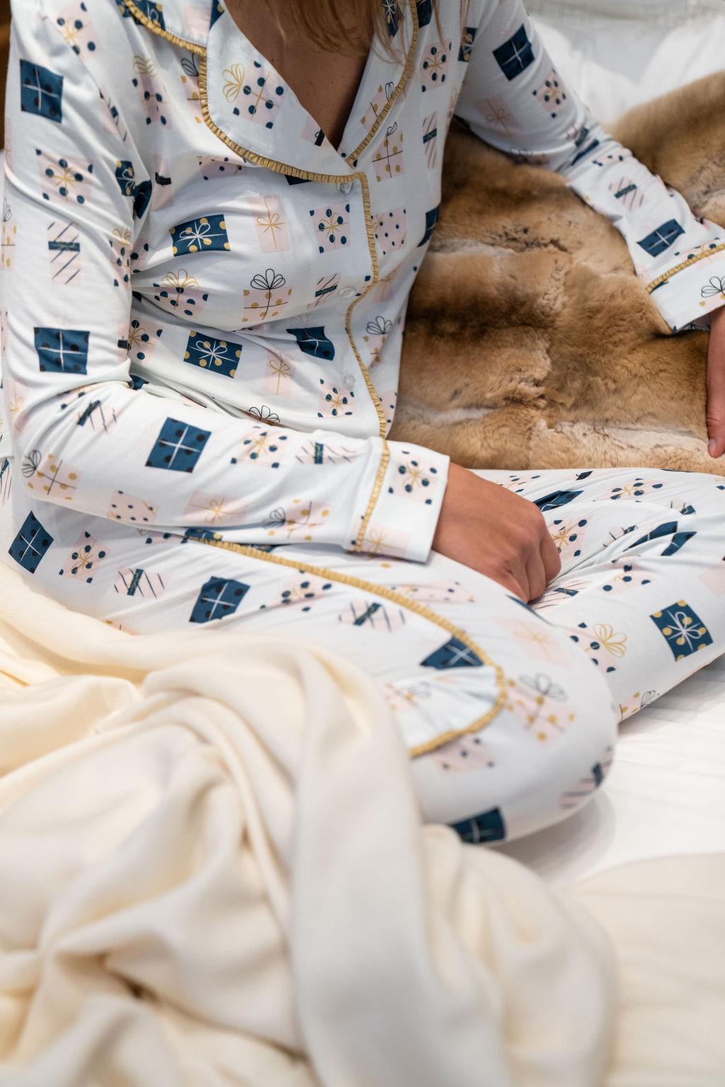 Close-up of hand-drawn gift box print on the Essential Pajama set, created in Aspen