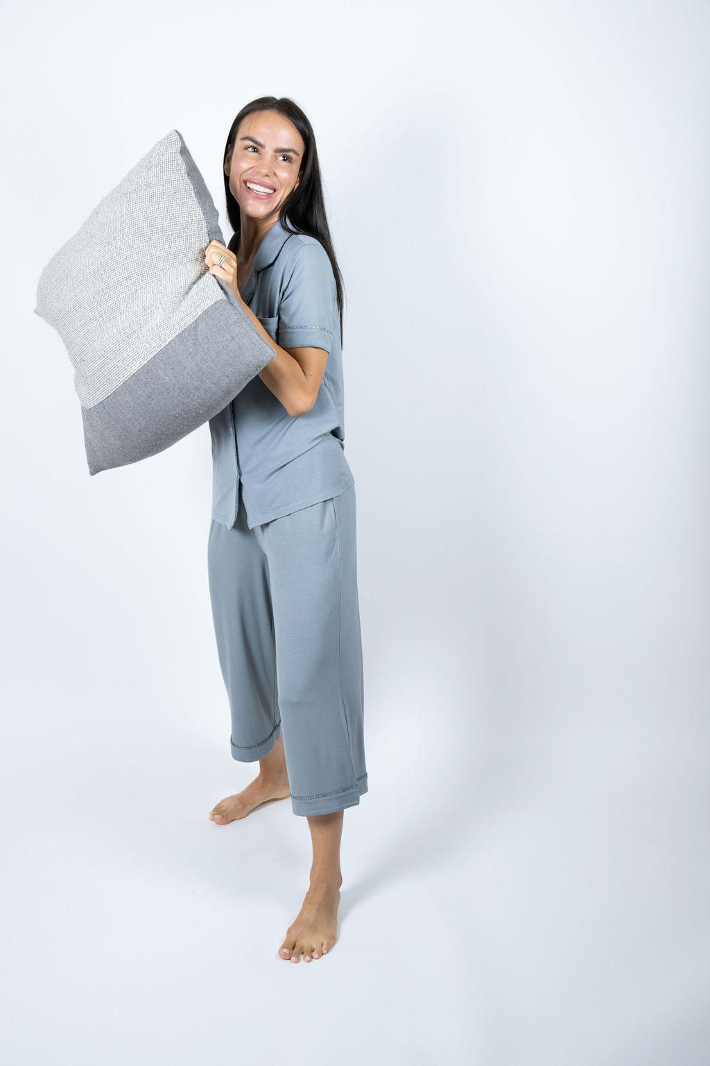 Model wearing Jolene Cropped Pajama Set in Night Owl with short-sleeve button-down top and mid-rise cropped pants.