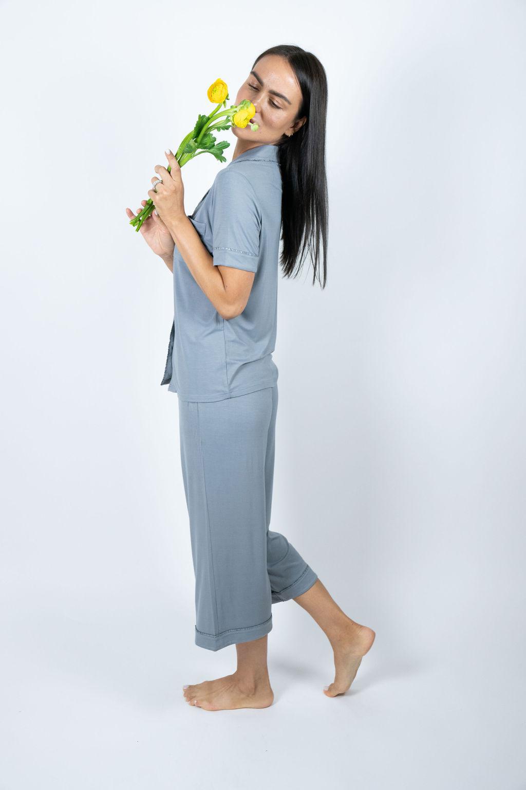 Side view of the Jolene pajama set in Night Owl showing relaxed fit and cropped pant silhouette