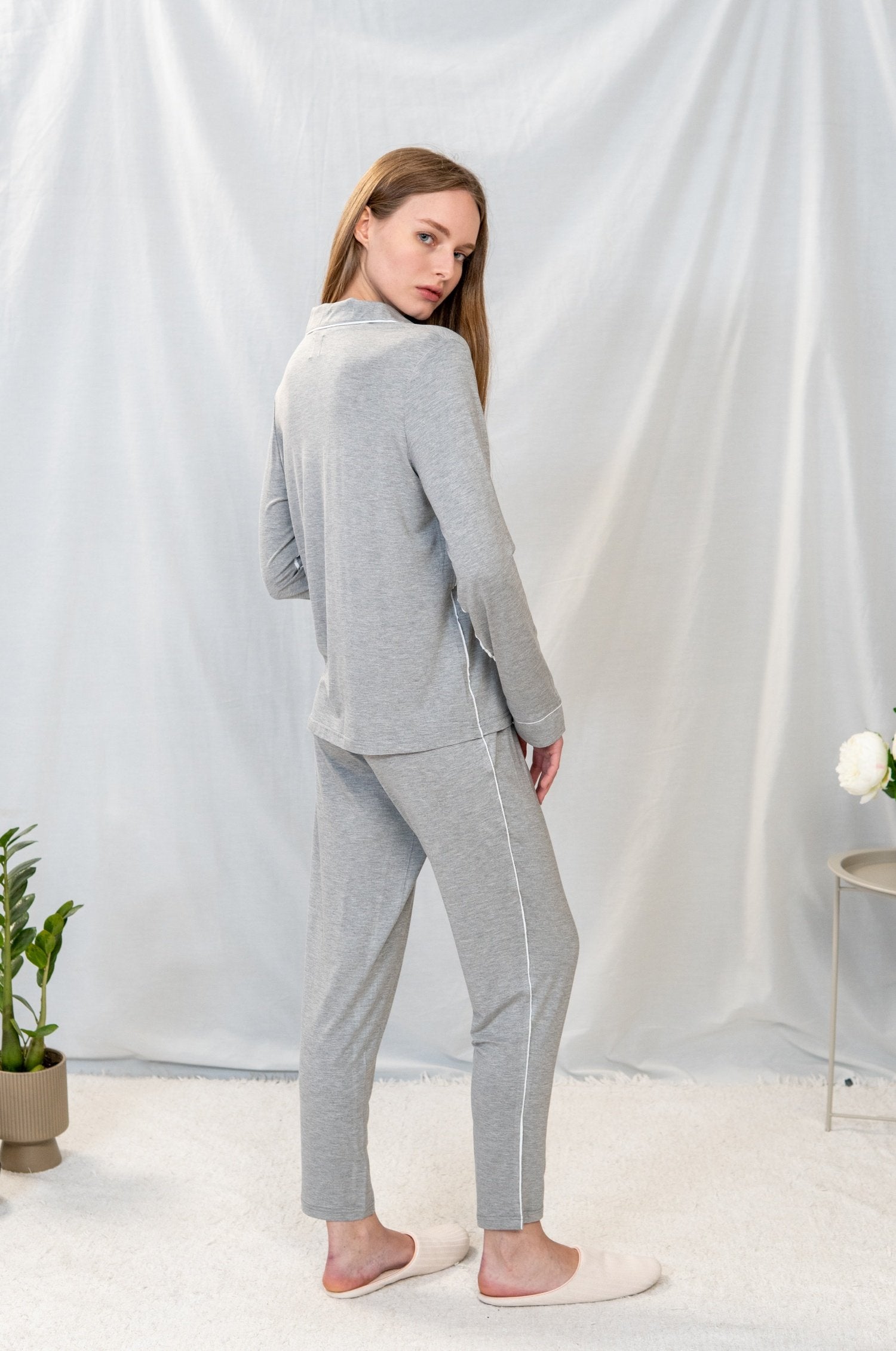 Back view of the Jolene Long Pajama Set in heather gray showing relaxed fit and flattering slim cut