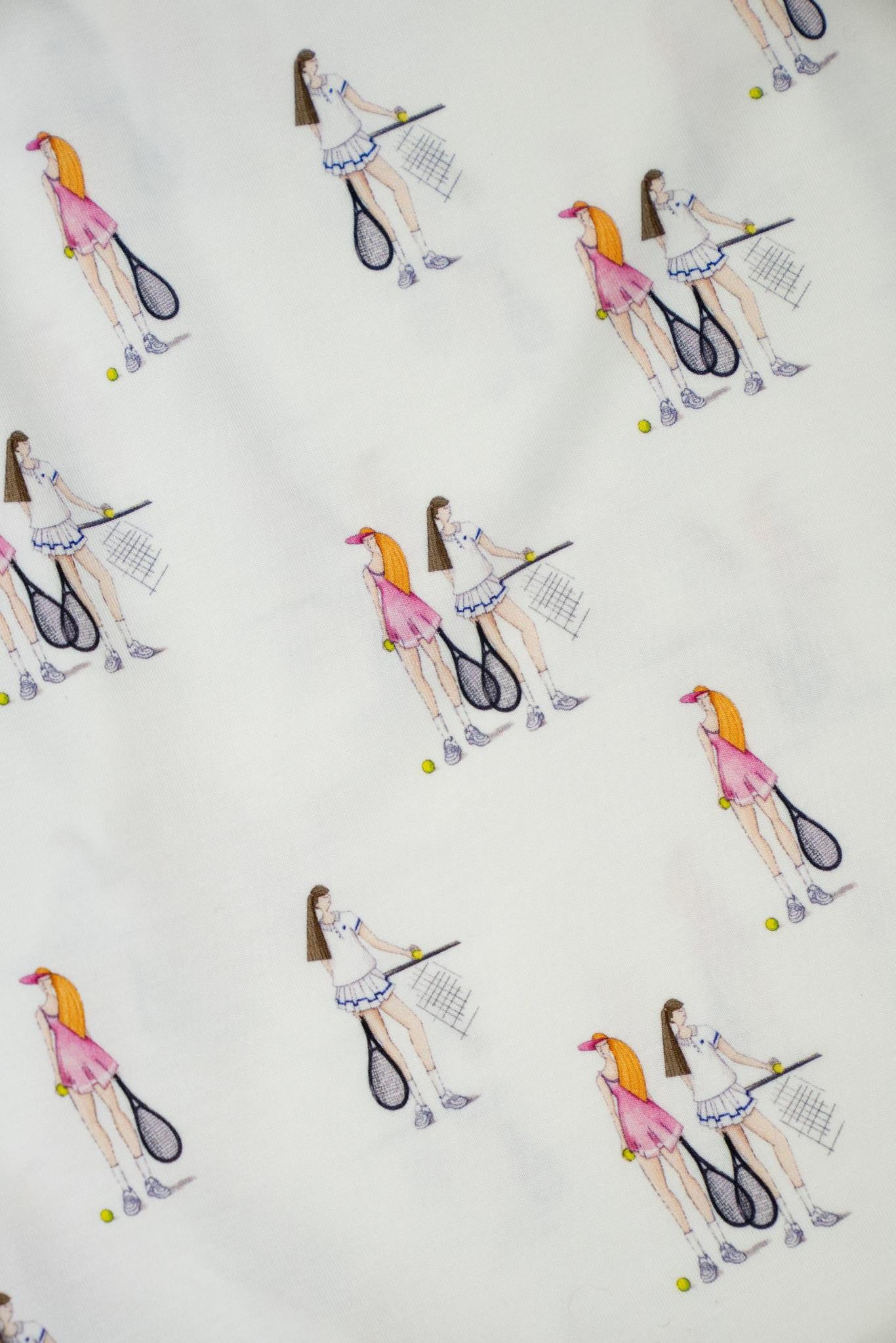 Detail shot of bamboo-blend fabric in the Tennis Print Jolene Long Pajama Set with moisture-wicking and thermoregulating properties
