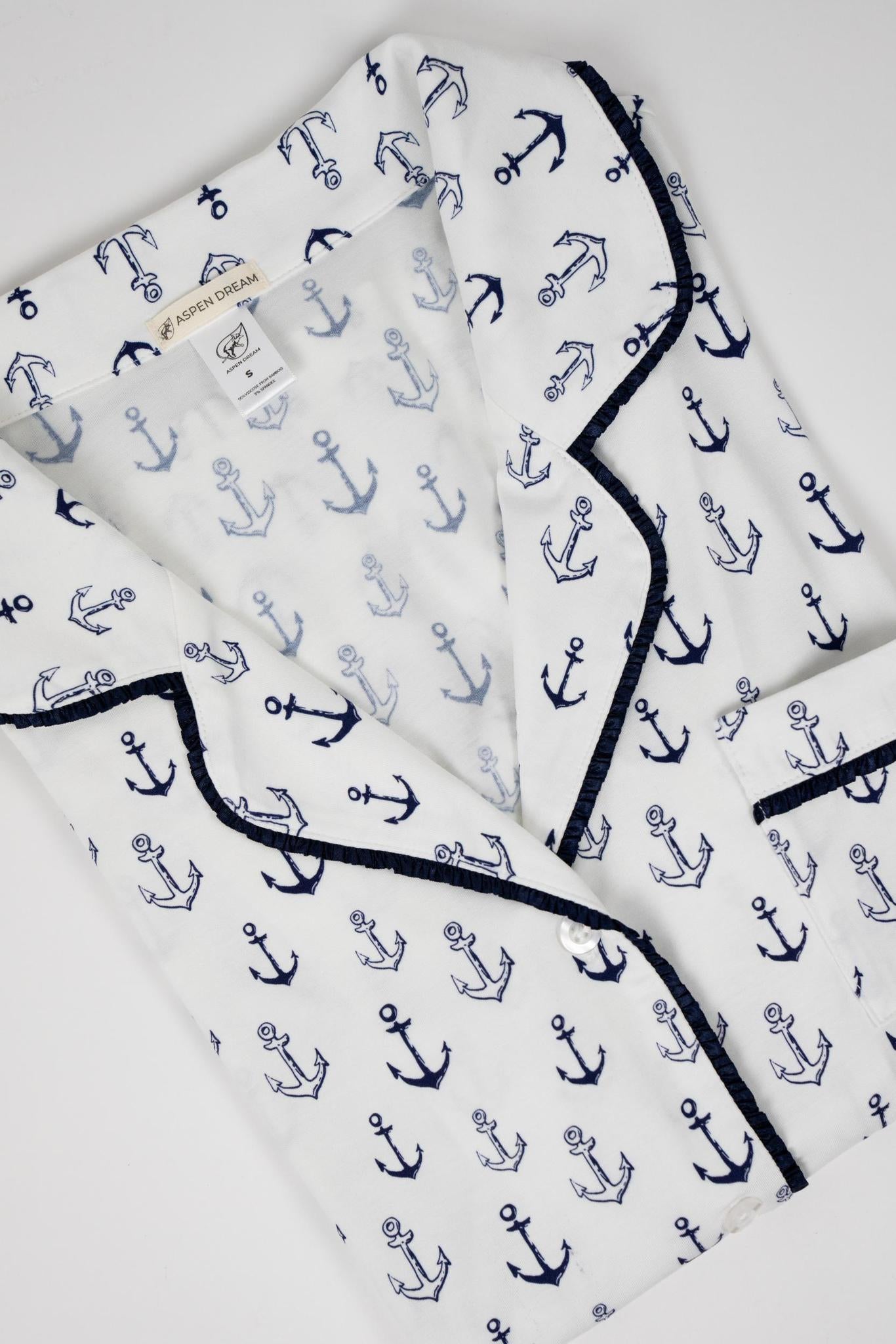 Flat lay of the Jolene Short Pajama Set in Anchor Print with piped button-down top