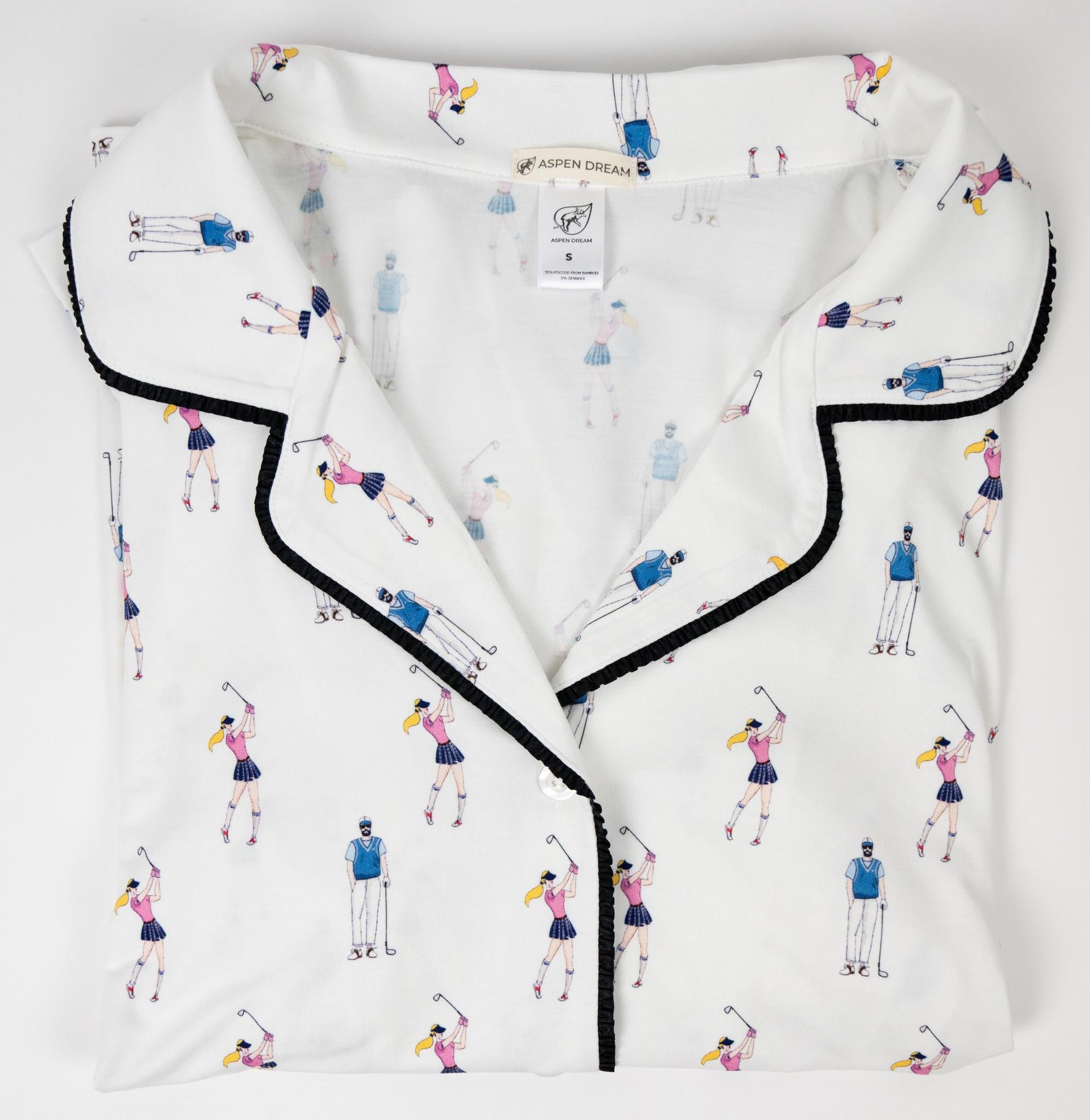 Flat lay of the Jolene Short Pajama piped Top in golf print