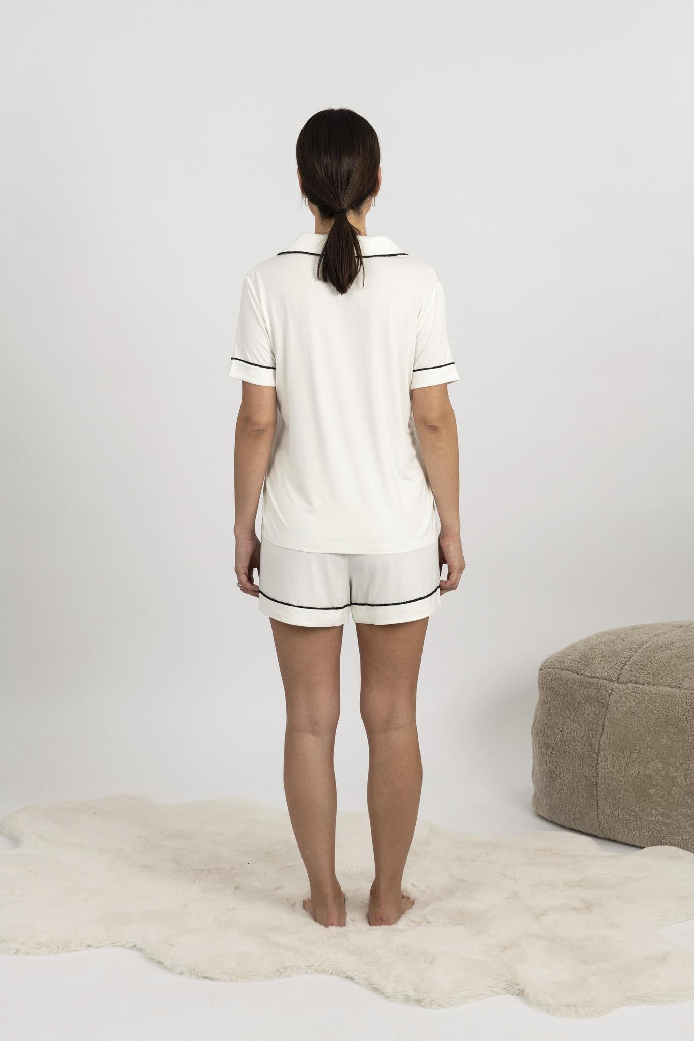 Back view of the Jolene Short Pajama Set in ivory showing the relaxed fit and flowing bamboo fabric