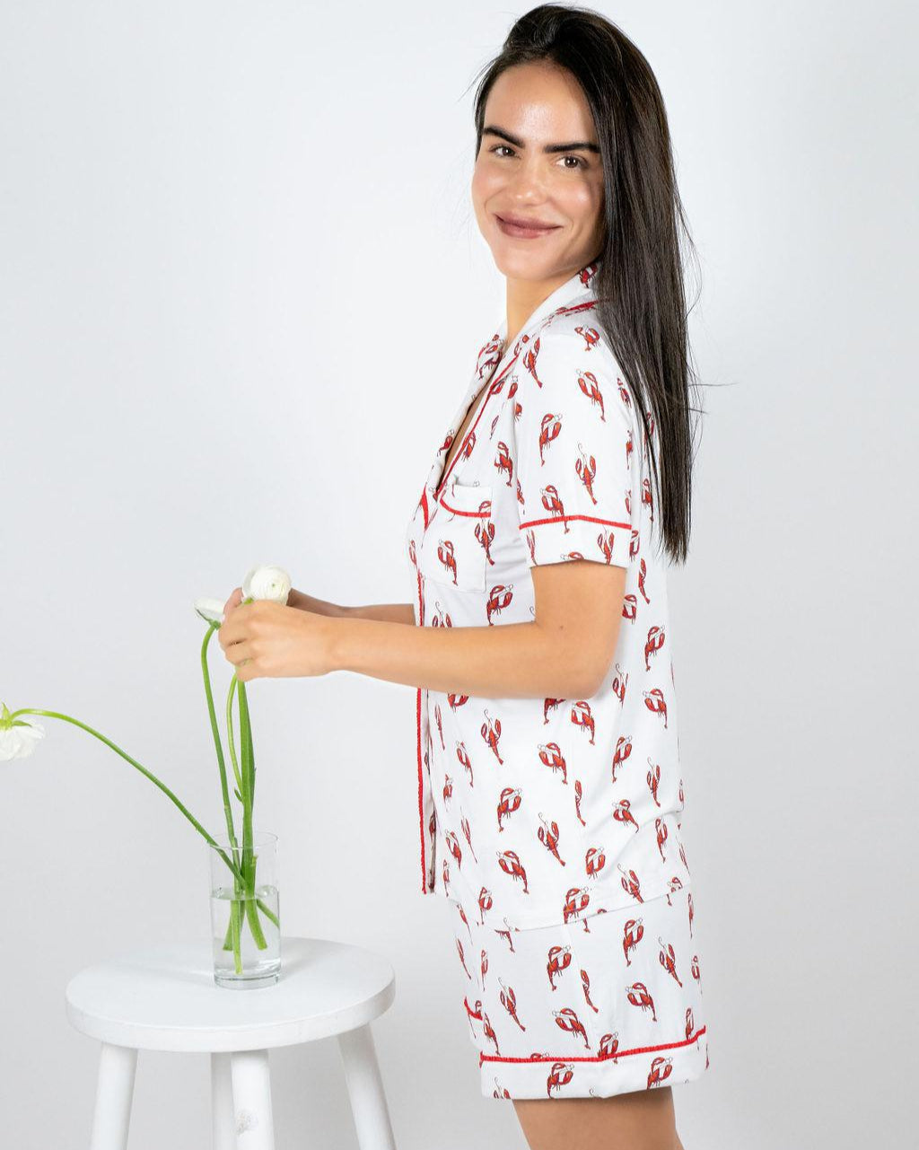 Side view of the lobster print Jolene pajama set showing relaxed silhouette and soft waistband shorts.