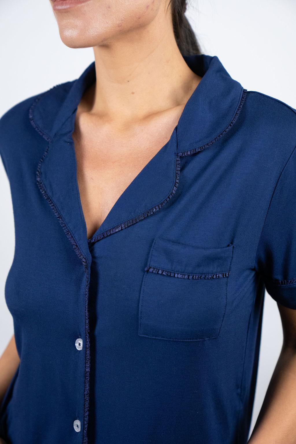 Close-up of custom-dyed Japanese ruffled piping on the navy Jolene pajama top.