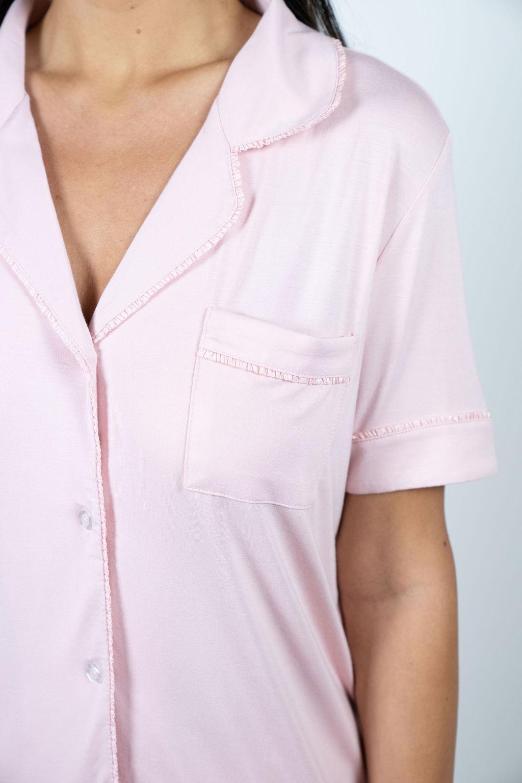 Close-up of Japanese ruffled piping on the Jolene pajama top in rose powder