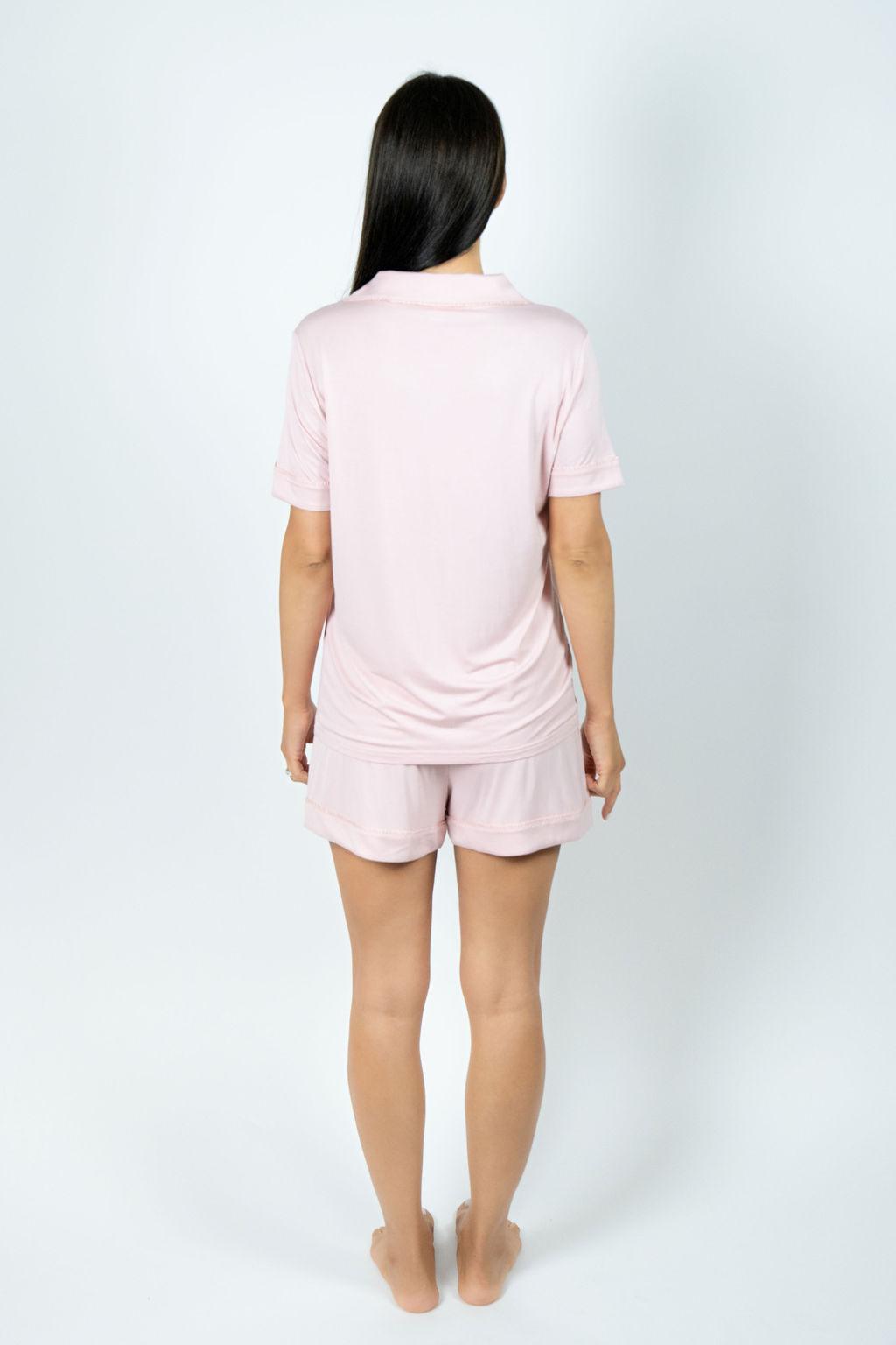 Back view of the Jolene Short Pajama Set in rose powder, showing relaxed fit and elegant drape of bamboo fabric.