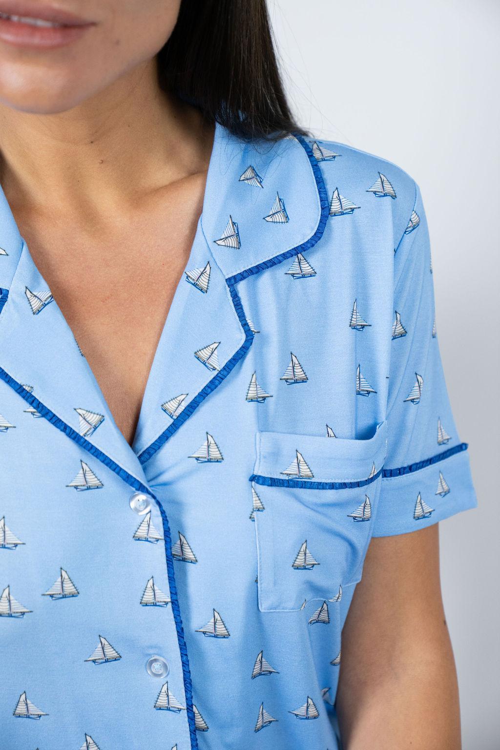 Close-up of hand-drawn Yacht Club print with nautical elements on the Jolene pajama top.