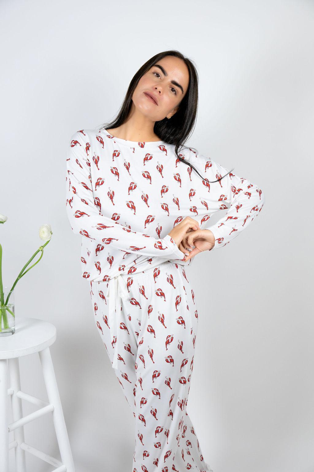 Model wearing Loose Lounge Set with lobster print, featuring a long sleeve top with adjustable waist tie and relaxed pants.