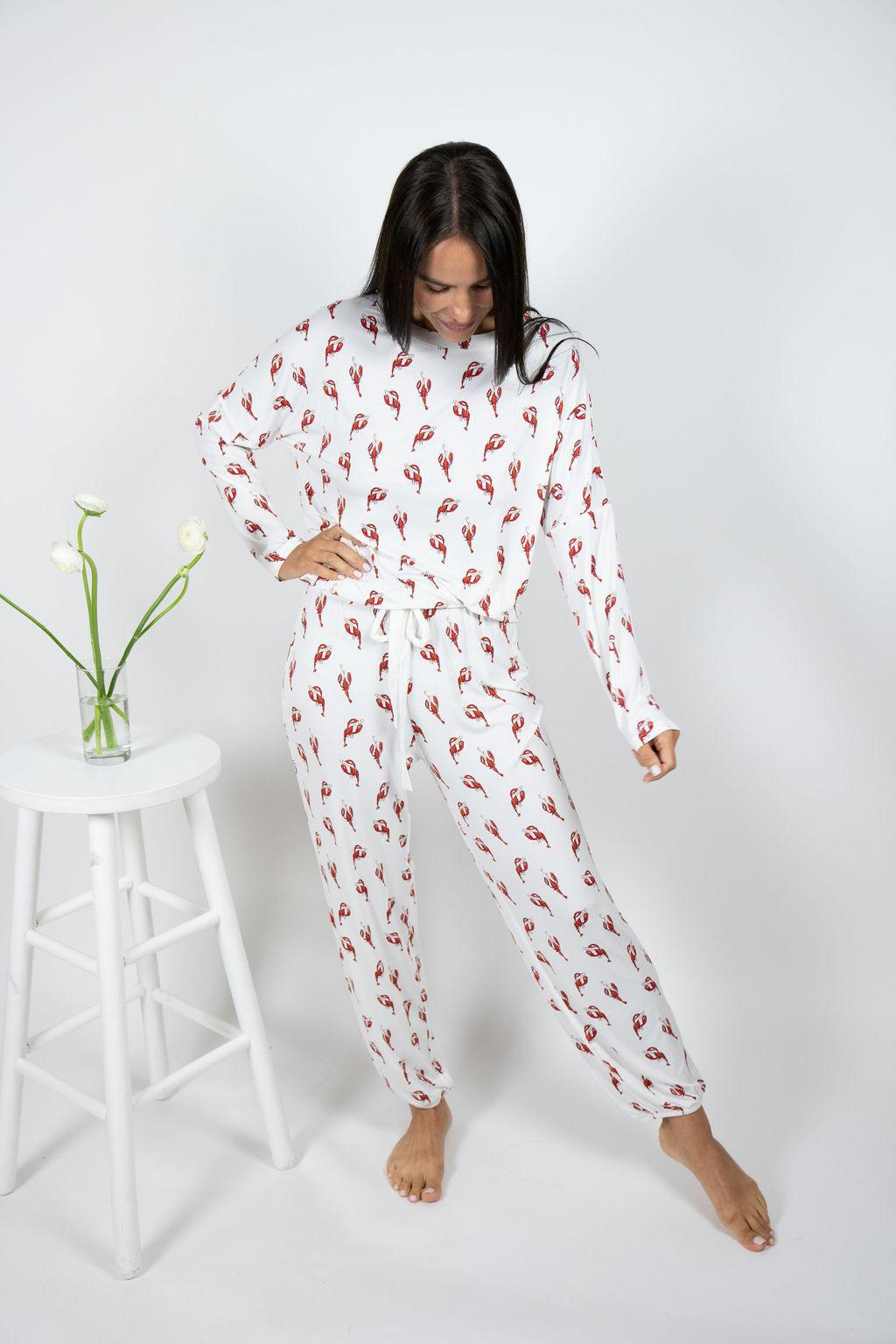 Model wearing Loose Lounge Set with lobster print, featuring a long sleeve top with adjustable waist tie and relaxed pants.