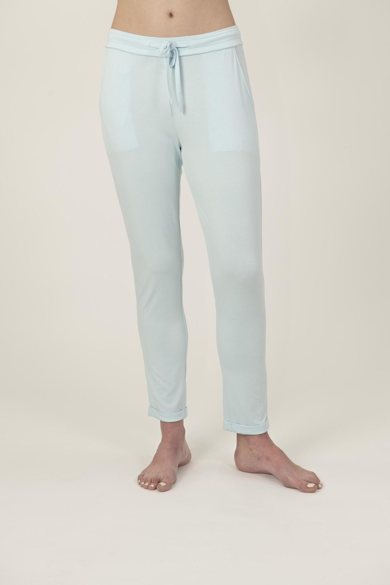 Model wearing Ice Melt lounge full-length drawstring pants
