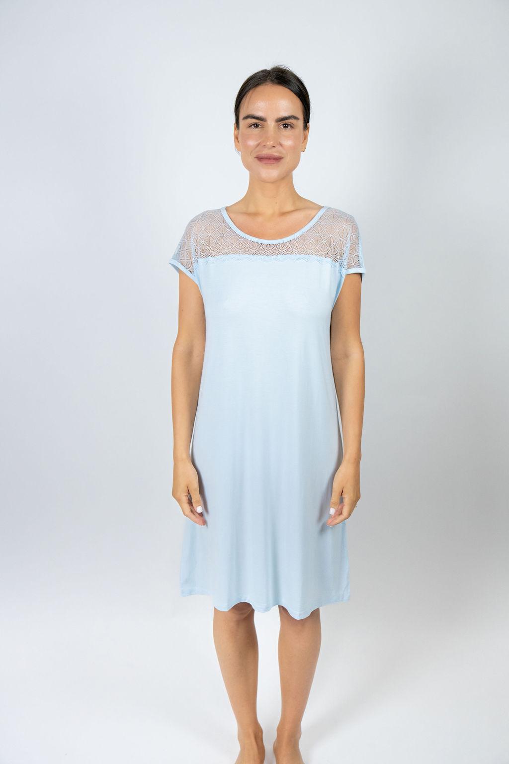 Model wearing the Nora T-Shirt Dress in Ice Melt with lace panel details