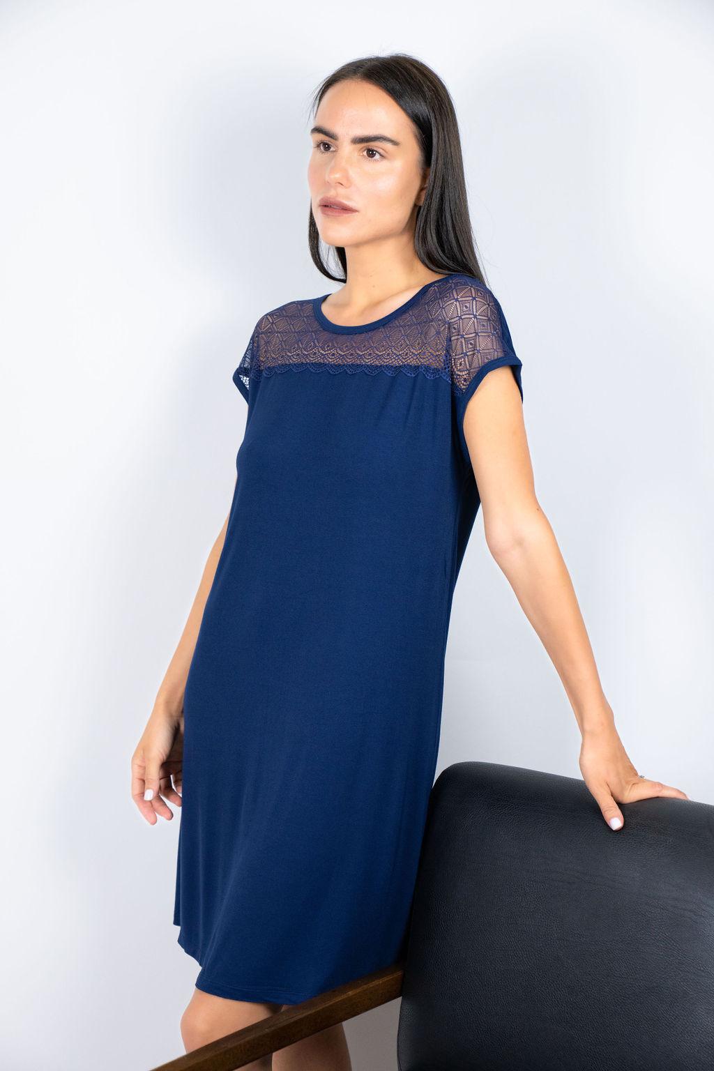 Model wearing the Nora T-Shirt Dress in Navy with lace panels and relaxed silhouette