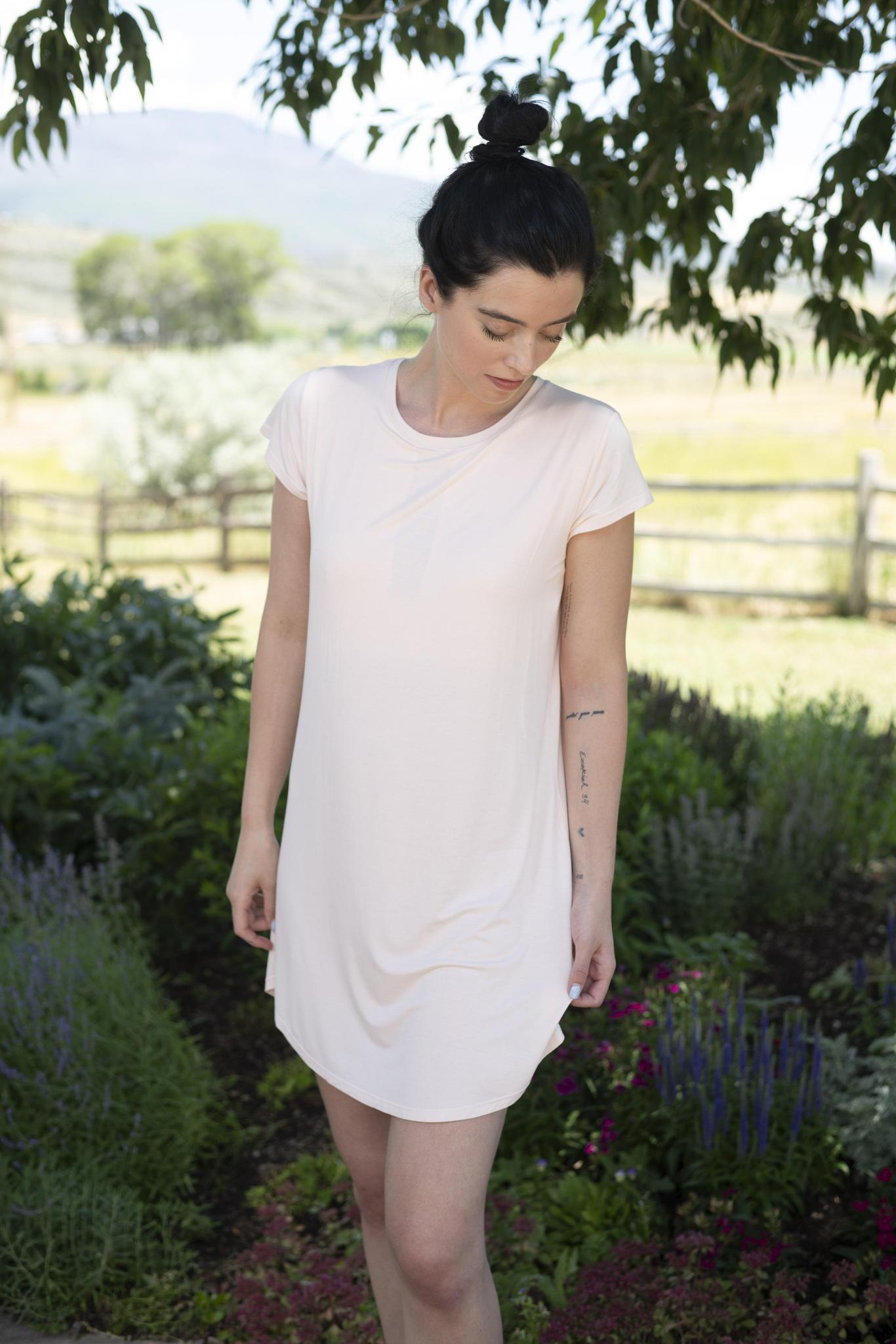 Model wearing Restless Lounger Dress in Rosewater with built-in shelf bra